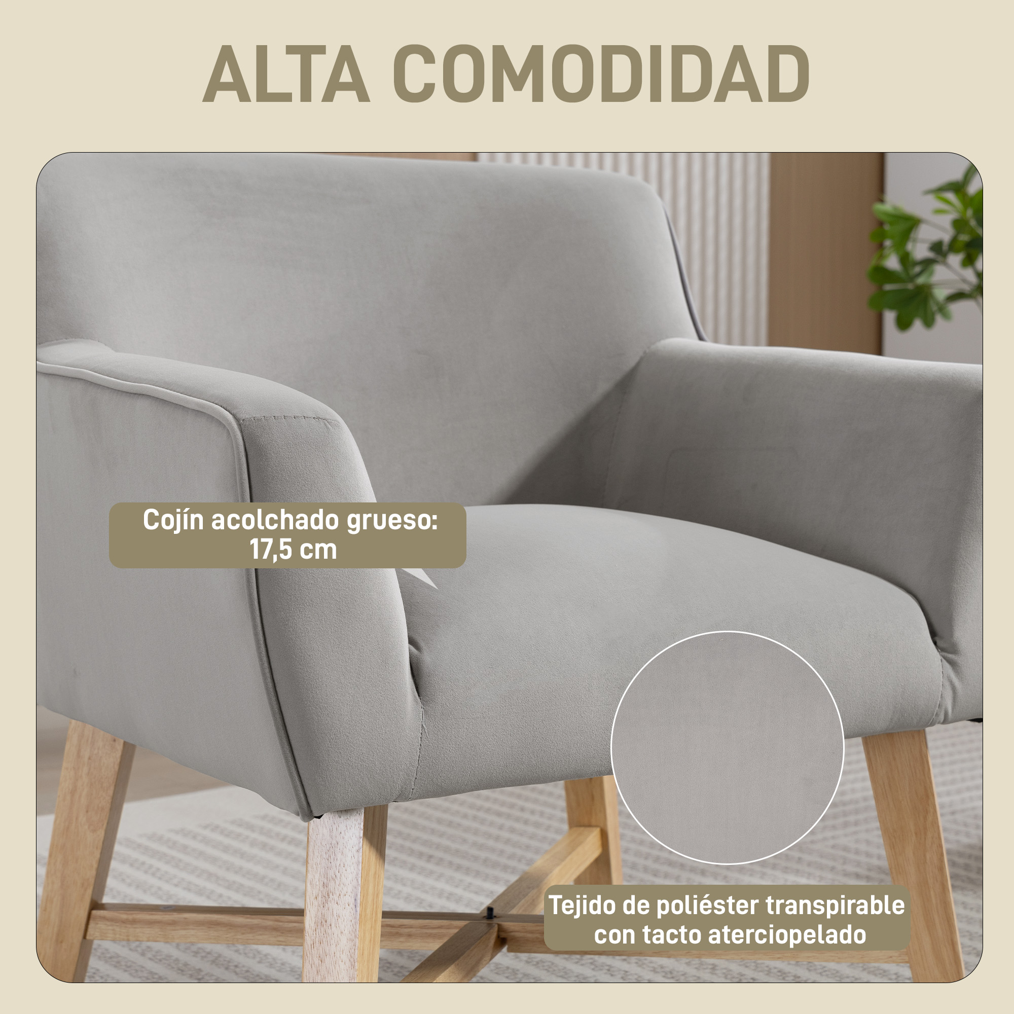 Sillón gris con patas de madera y tela suave. Asiento grueso y acolchado.