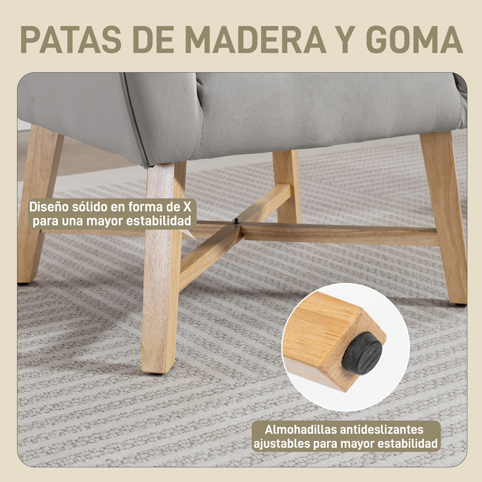 Silla gris con patas de madera, diseño en X y pies de goma.