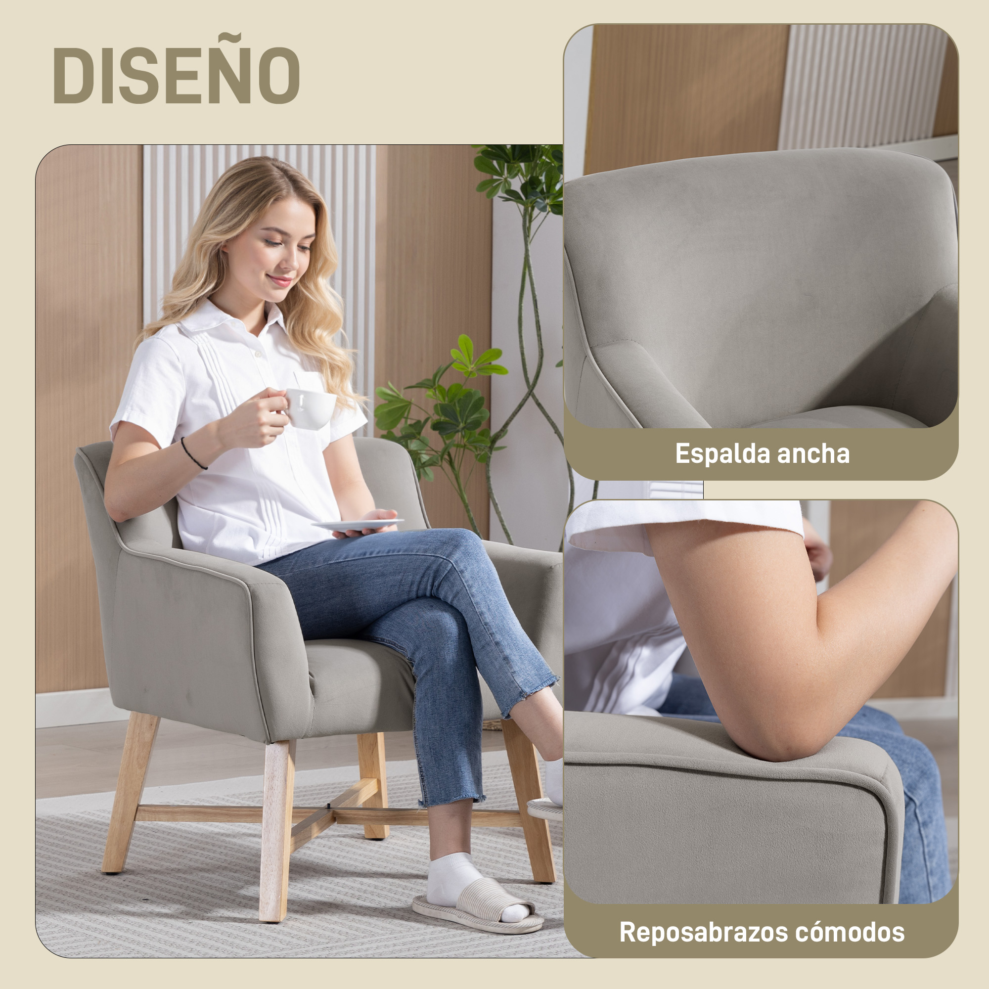 Una mujer sentada en un sillón gris sosteniendo una taza.
