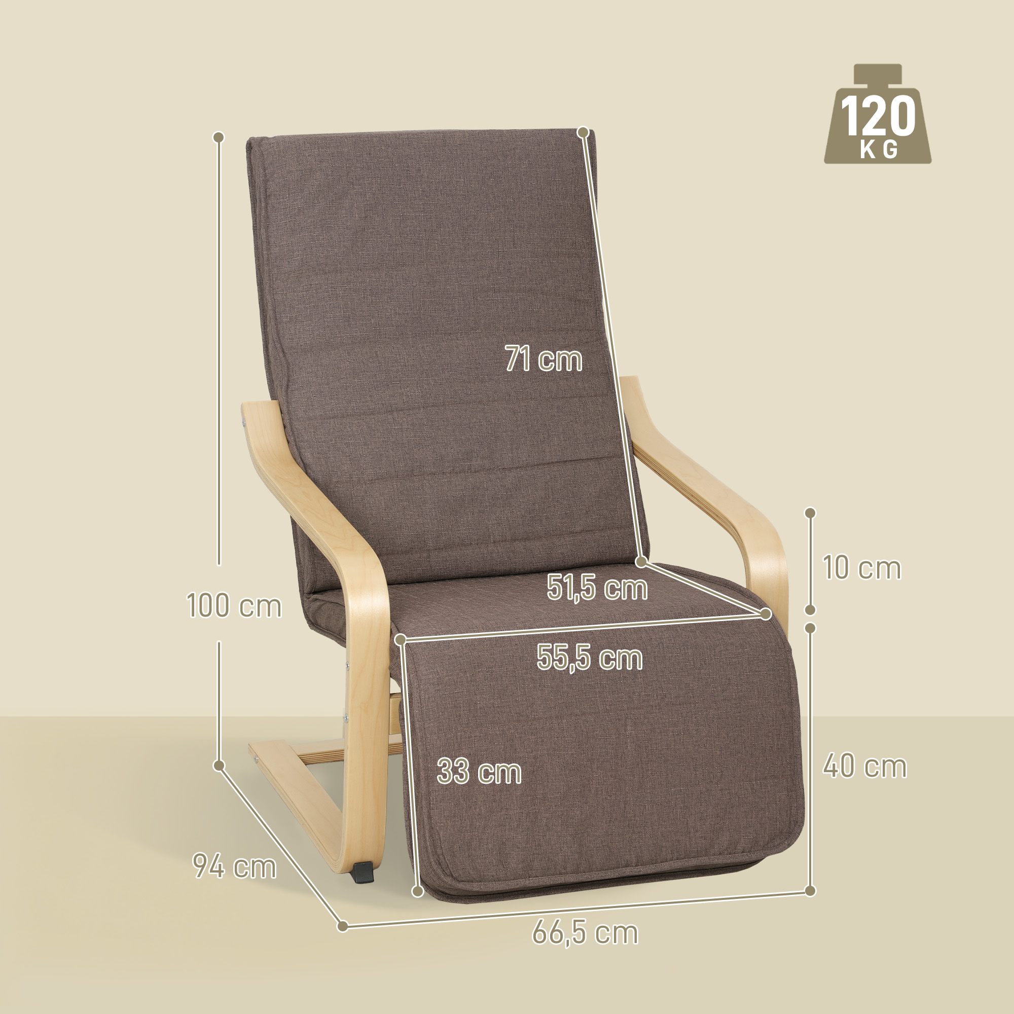 Sillón marrón con brazos de madera. Dimensiones mostradas. Carga máx. 120 kg.