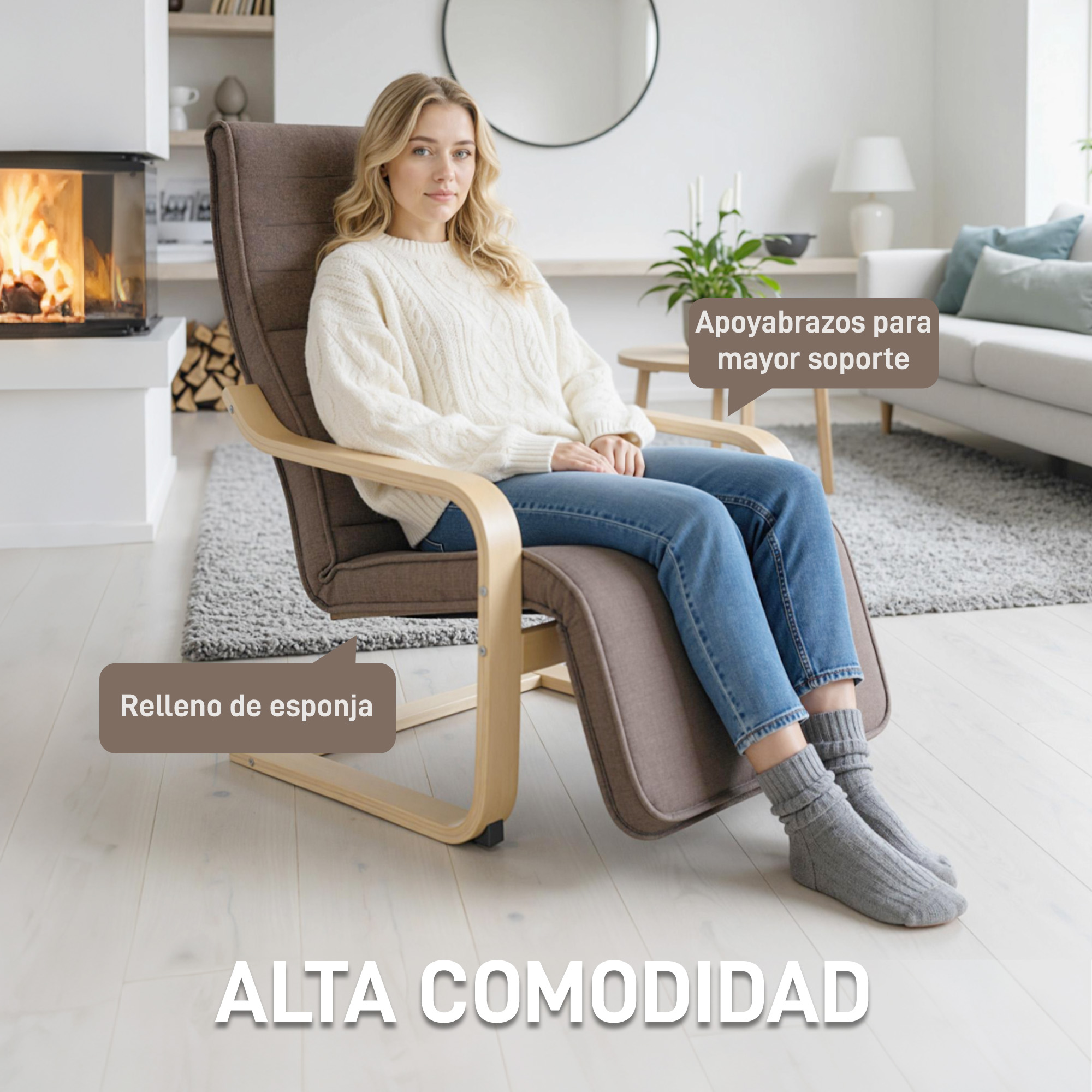 Mujer sentada en un sillón junto a una chimenea, con texto sobre confort.
