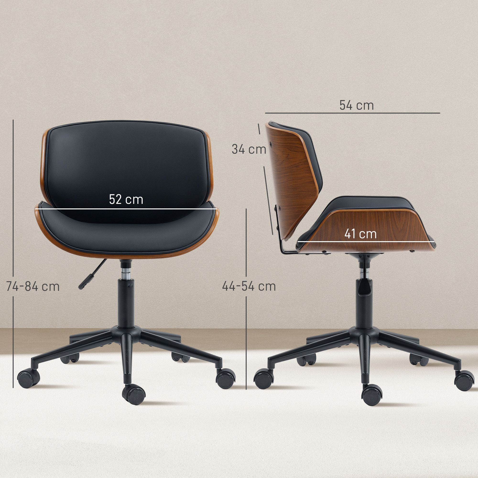 Silla de oficina negra con detalles de madera y ruedas, se muestran dimensiones.