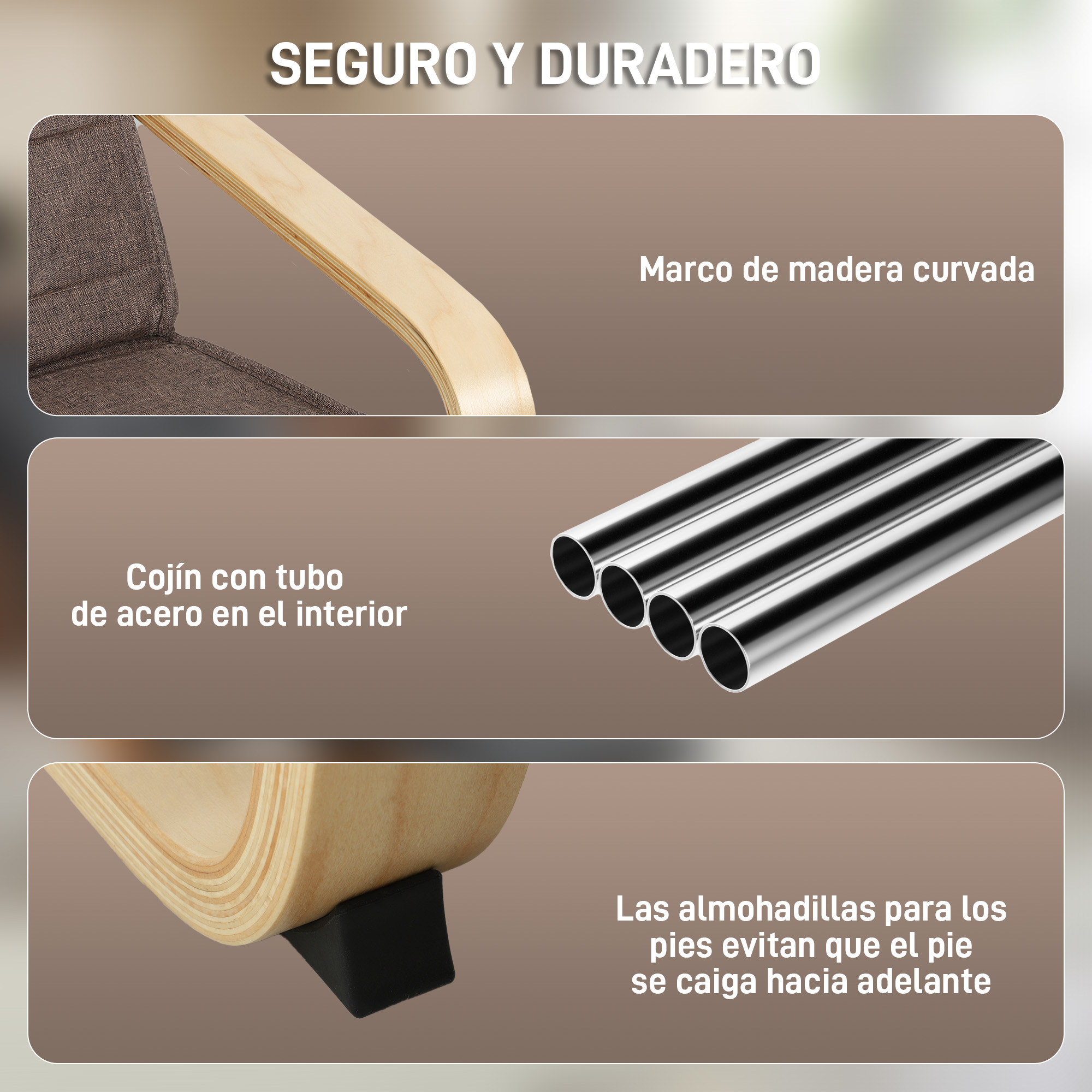 Cojín con tubo de acero, marco de madera curvada, almohadillas. Seguro.