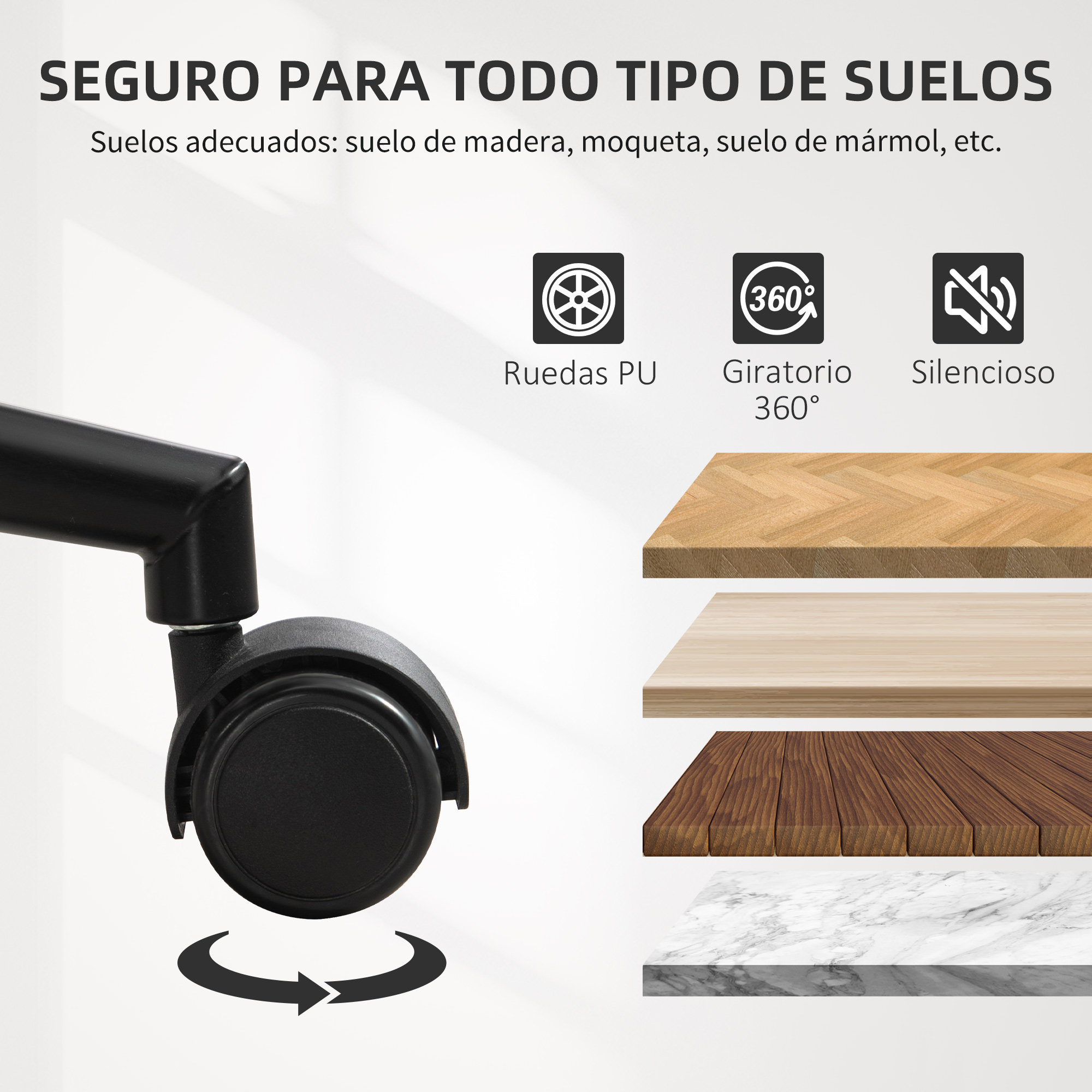 Rueda negra con icono de rotación y muestras de suelo apiladas. Apta para todos los suelos.