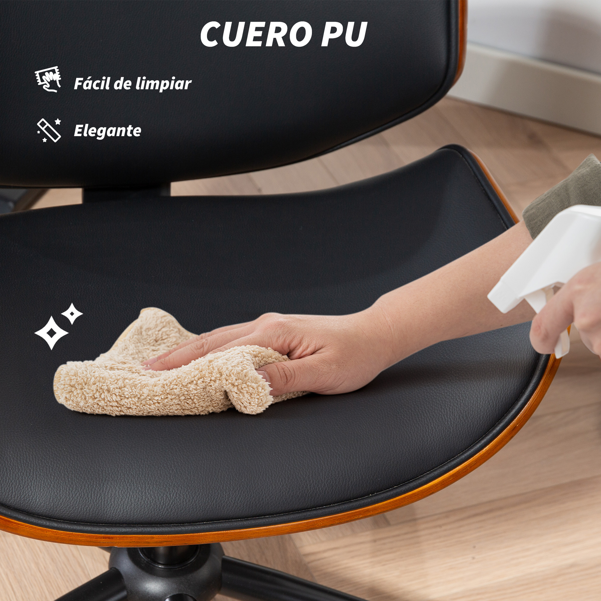 Mano limpia asiento de cuero PU negro con botella rociadora y paño.