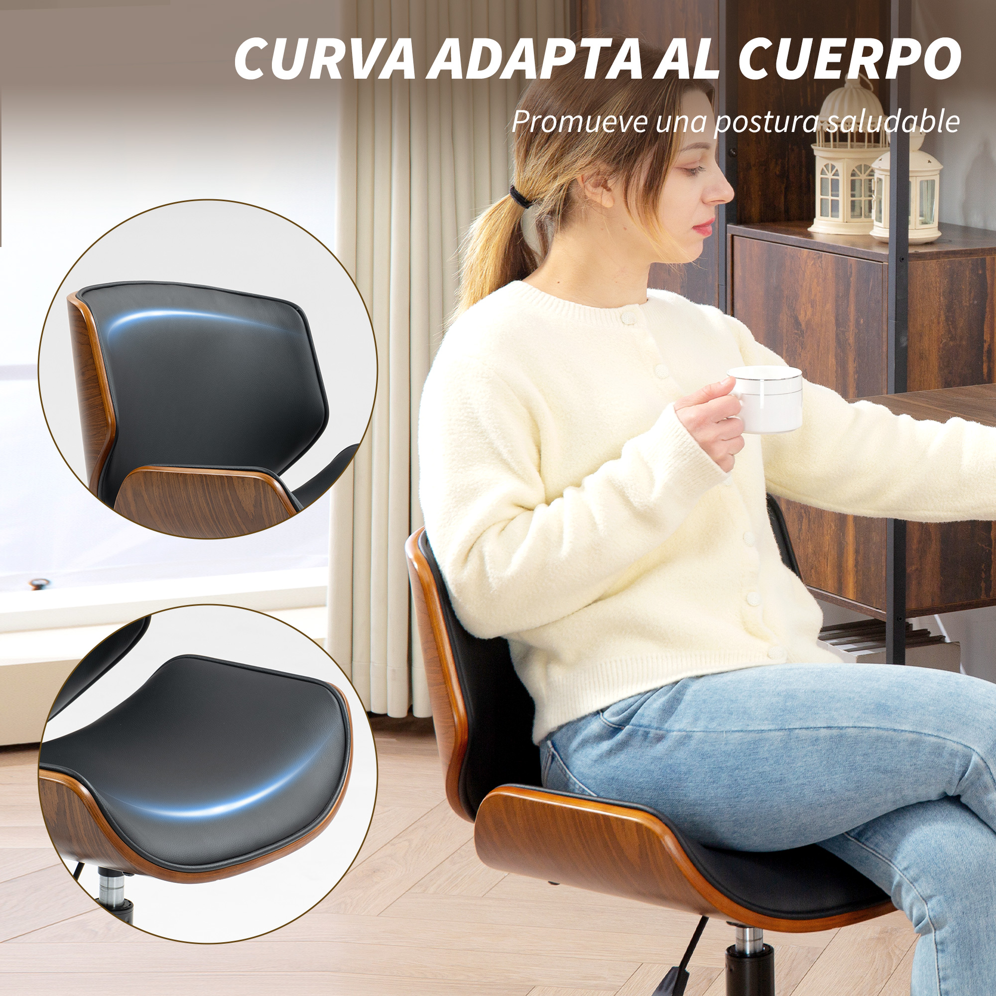 Una mujer sentada en silla de madera con tapicería negra. Primeros planos de la silla.
