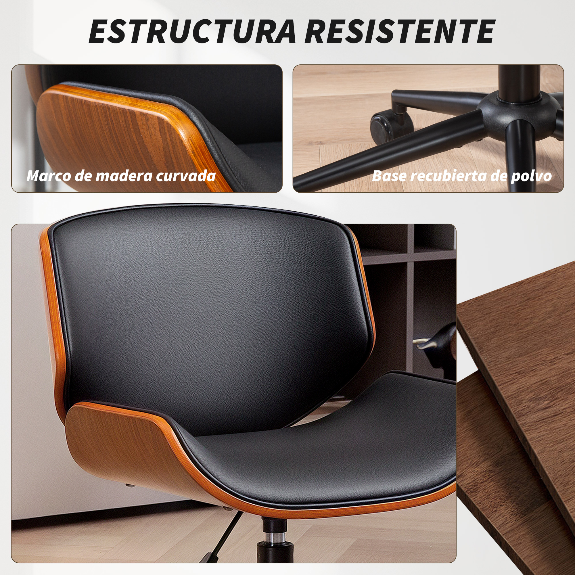 Silla de oficina negra con marco de madera y recubrimiento en polvo.