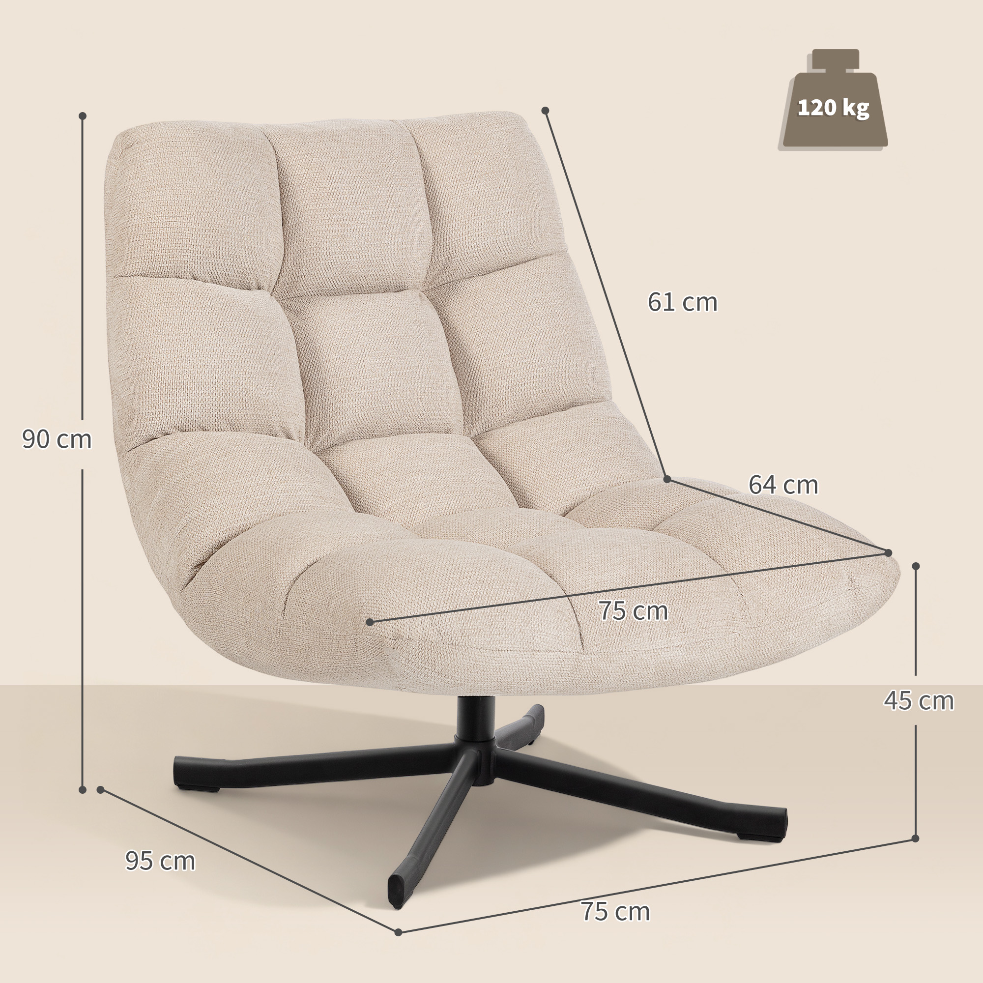 Sillón beige con base de estrella negra, se muestran las dimensiones.