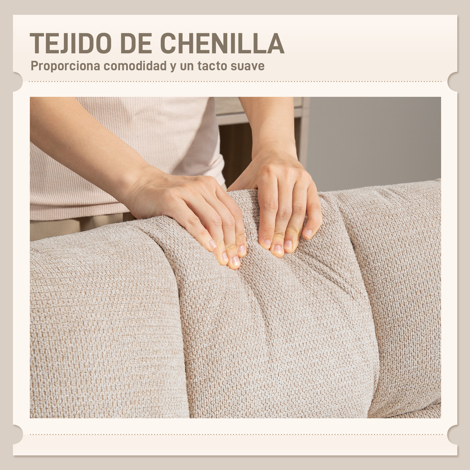 Manos tocando una tela de chenilla beige en un sofá.