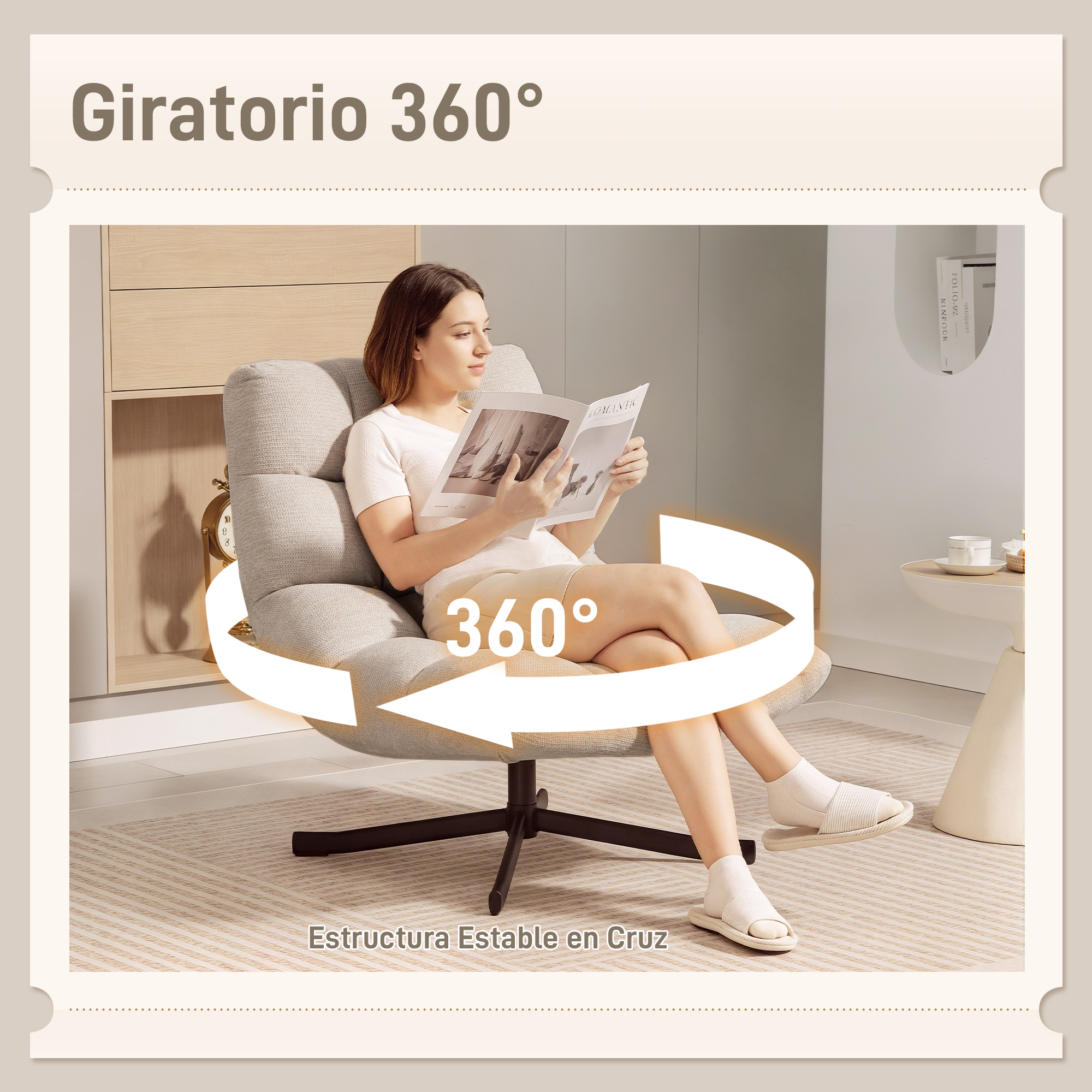 Una mujer sentada en un sillón giratorio lee una revista. Una flecha indica 360°.