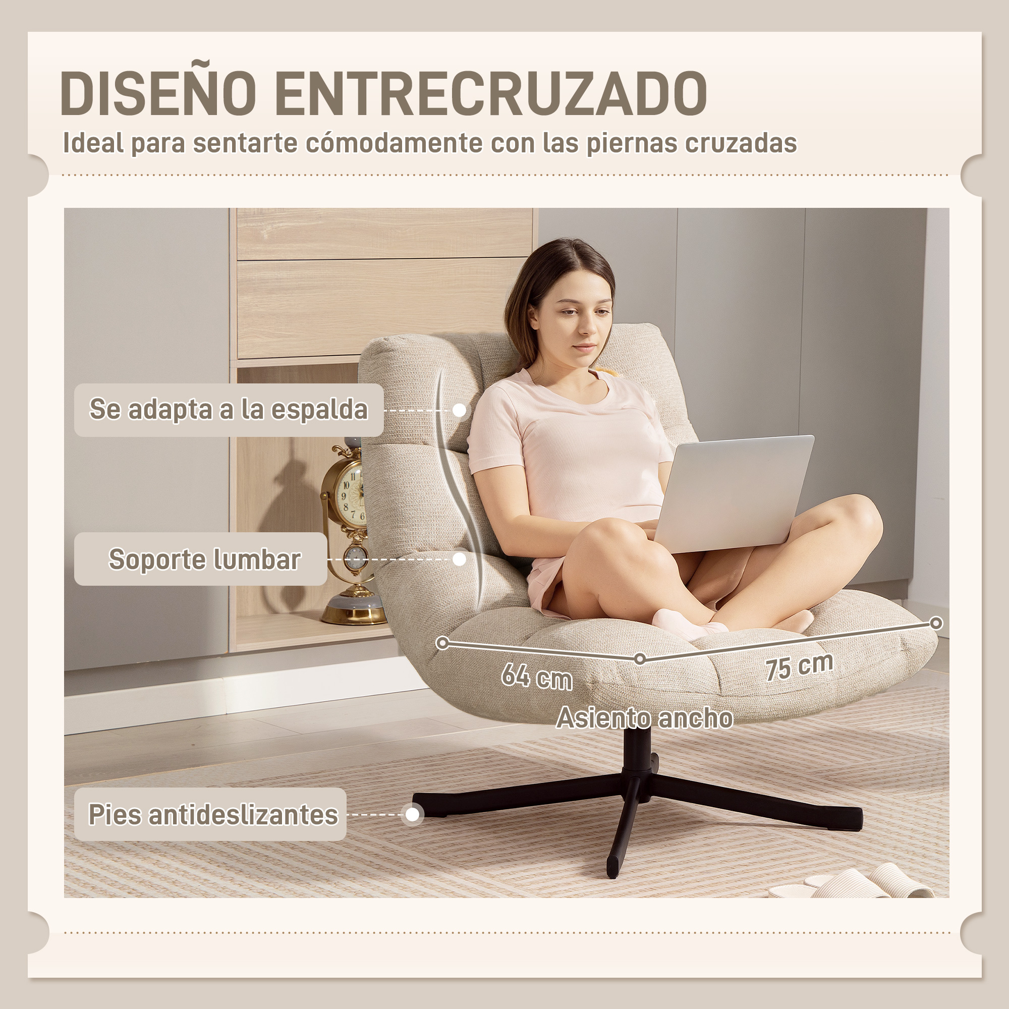 Mujer sentada en sillón beige con portátil. Se muestran medidas.