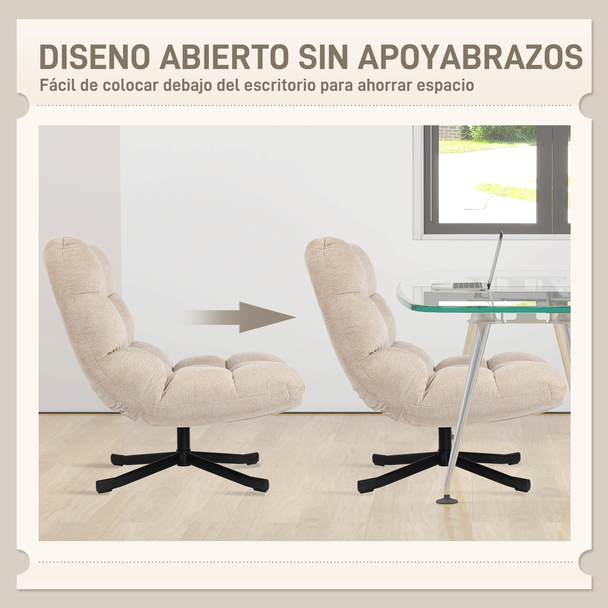 Sillón beige con respaldo capitoné, deslizado bajo un escritorio de cristal.