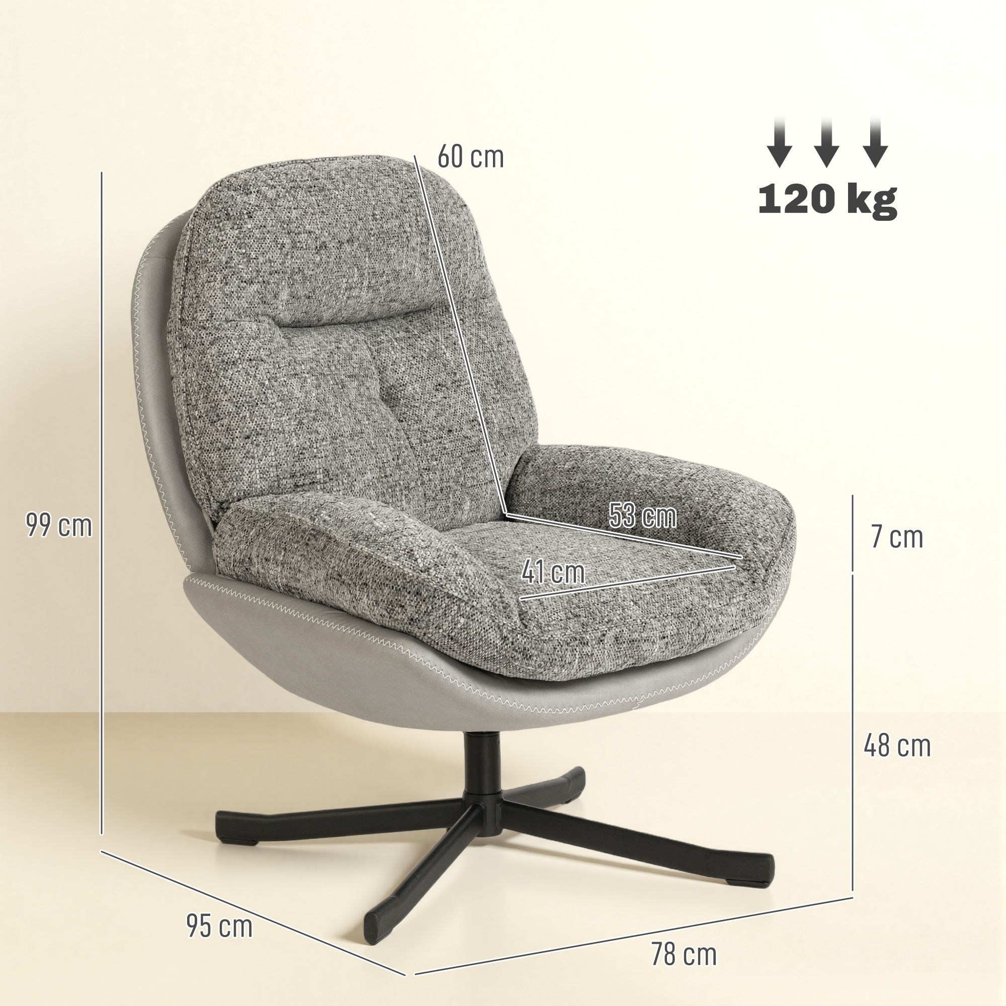 Silla giratoria gris con dimensiones y límite de peso de 120 kg.