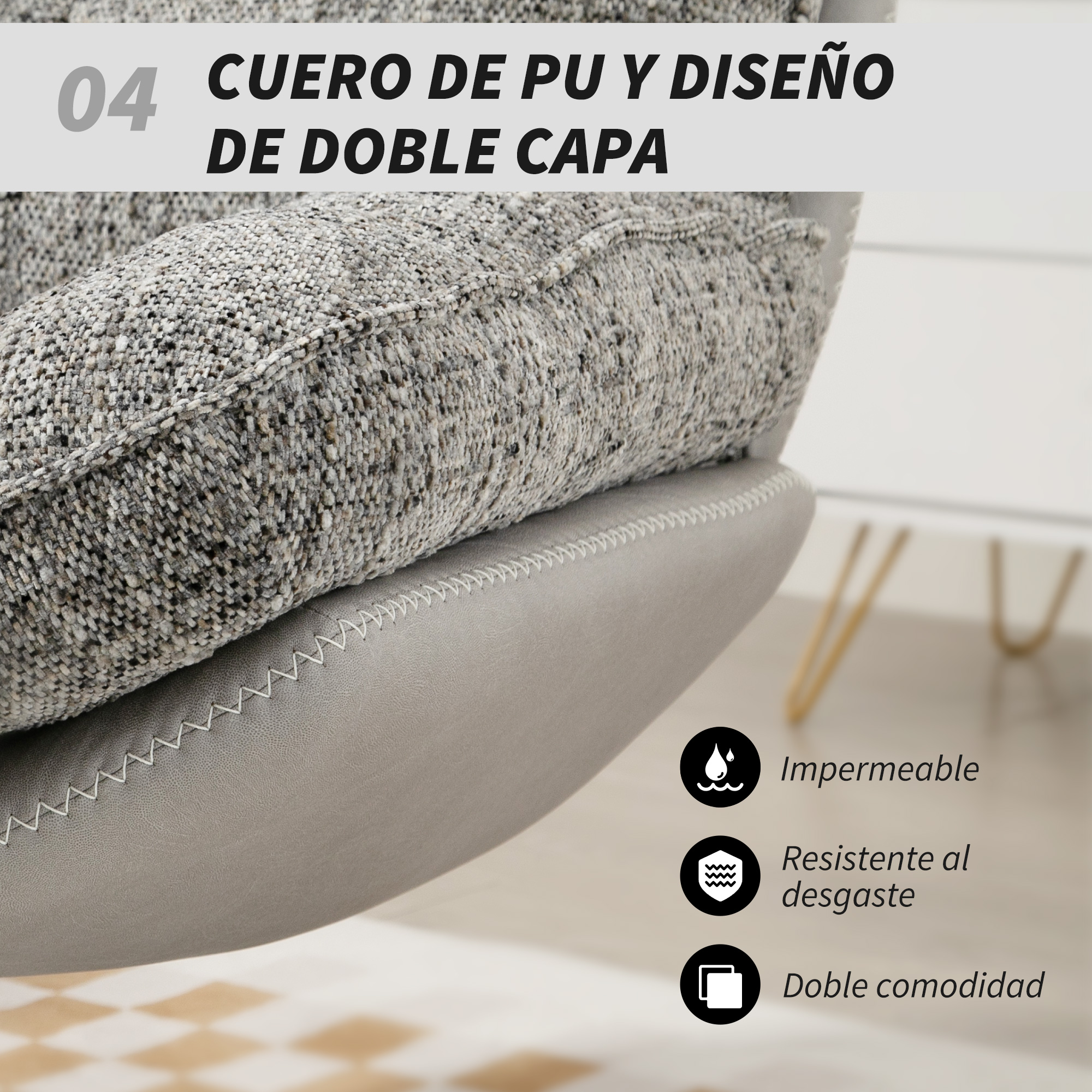 Cuero PU gris con costuras blancas bajo tela gris. Iconos: agua, escudo, dos cuadrados.