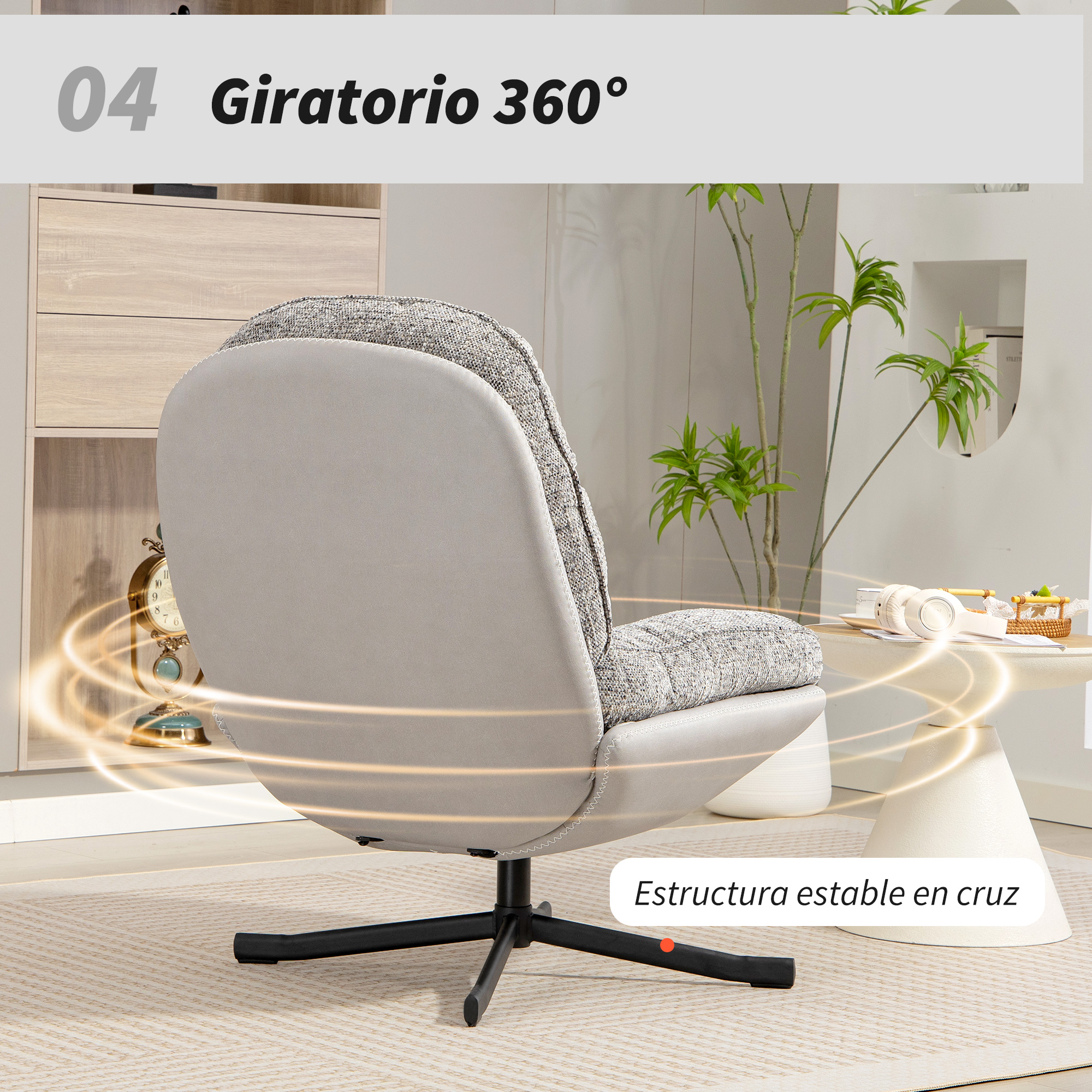 Silla giratoria gris con cojín de asiento estampado sobre base estrella negra.