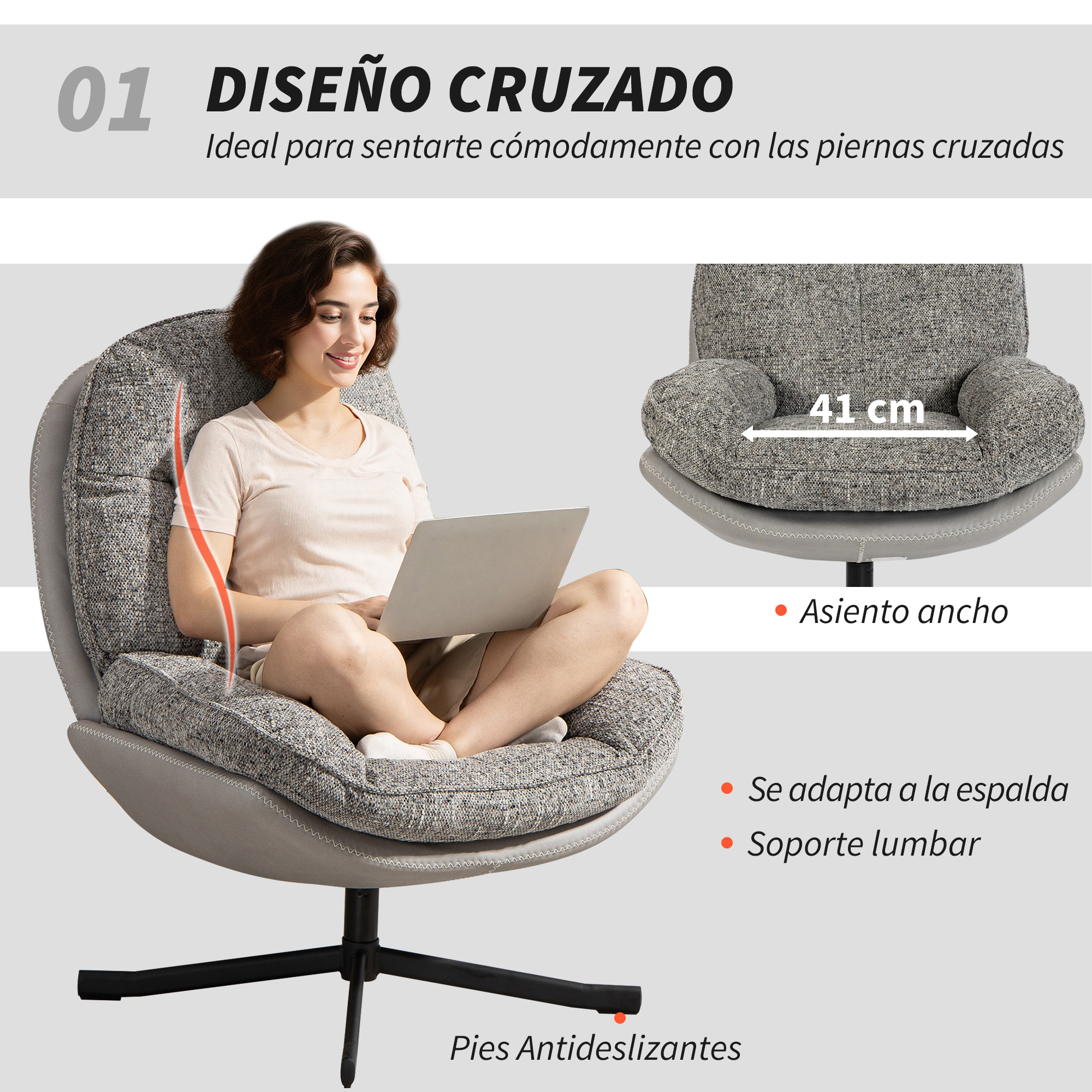 Una mujer se sienta con las piernas cruzadas en un sillón giratorio gris.