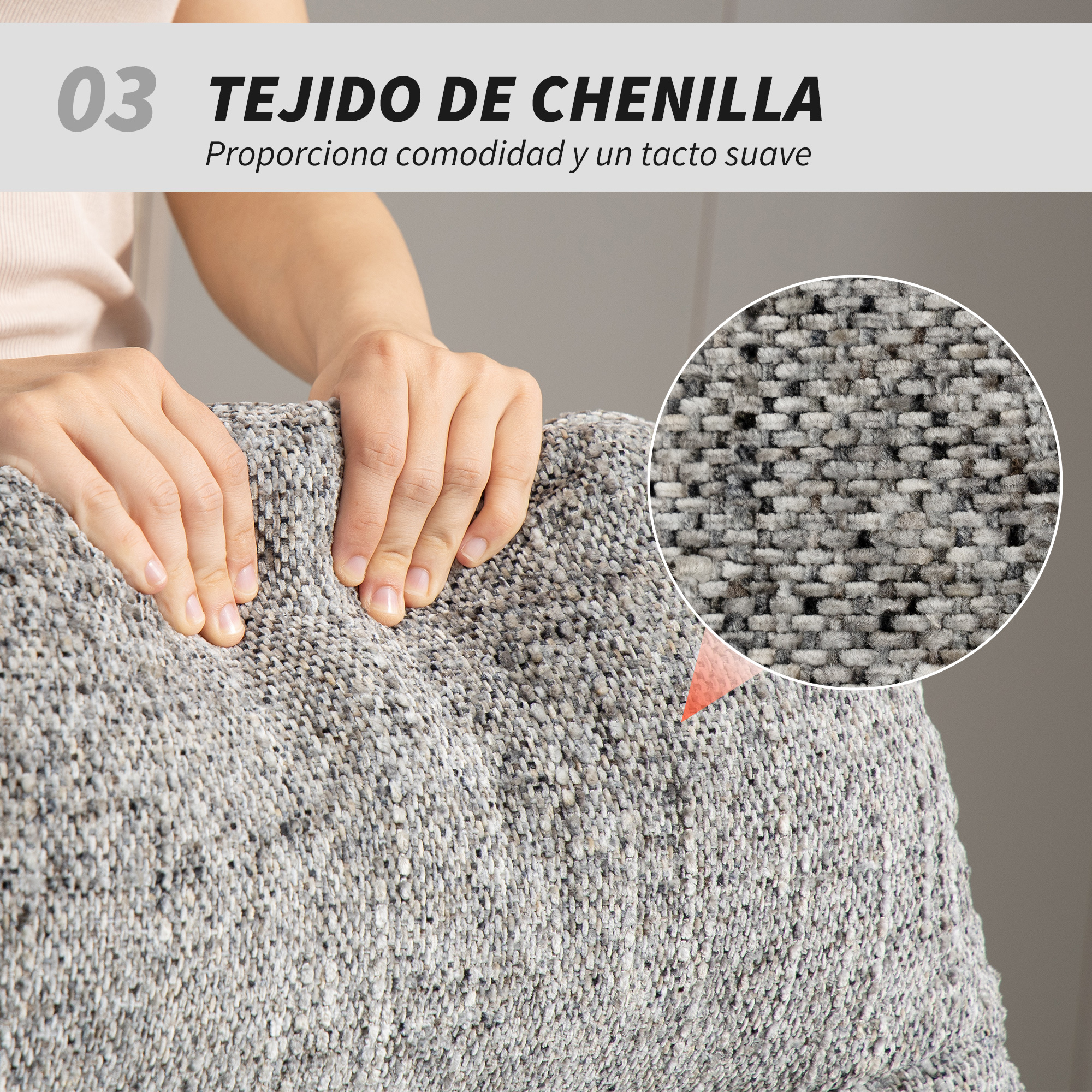 Manos tocando tela de chenilla gris con textura tejida visible.