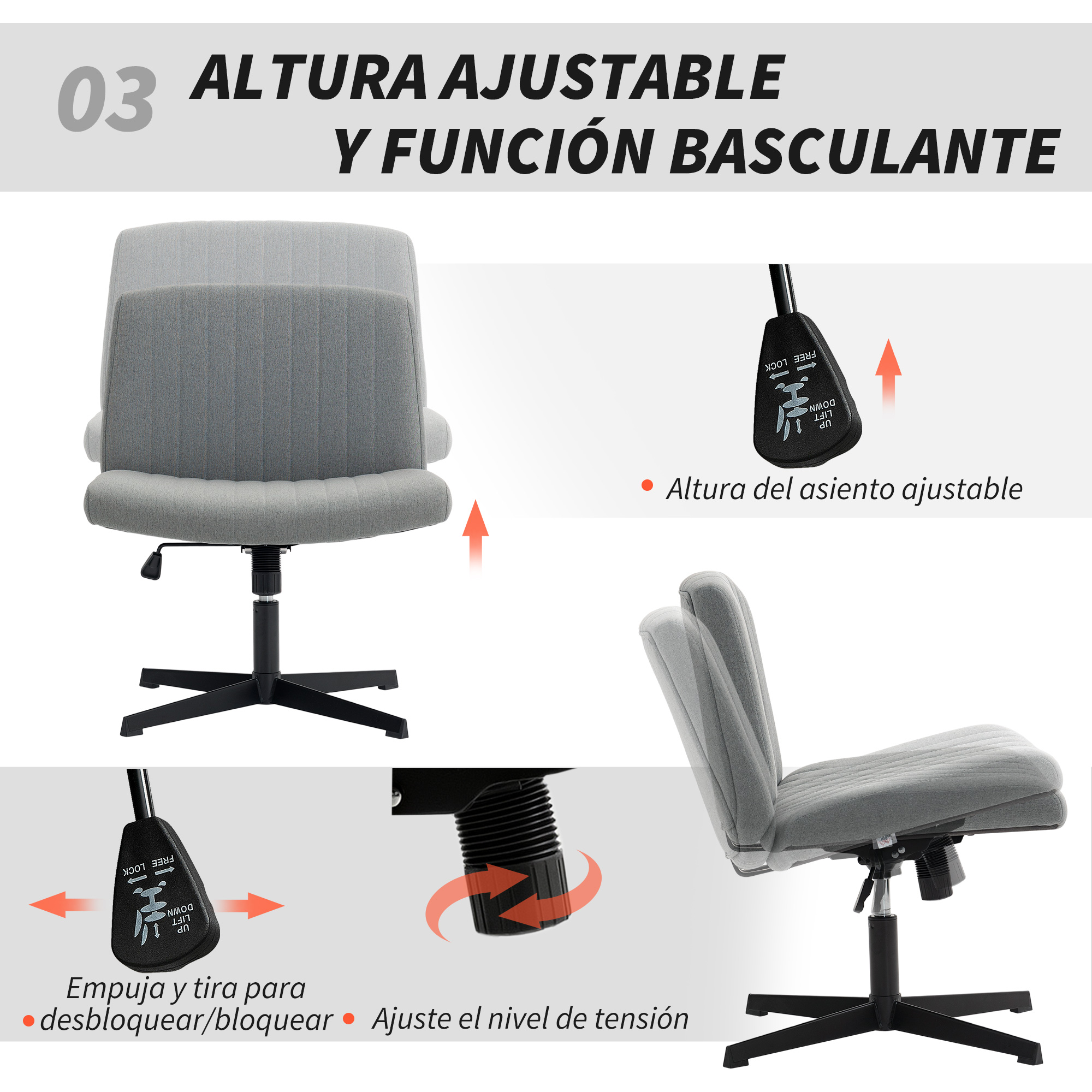 Silla de oficina gris con altura ajustable y función de inclinación. Muestra palanca de ajuste.
