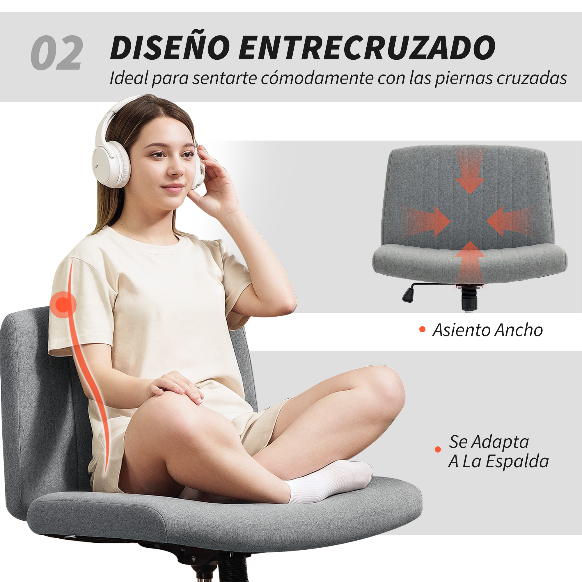 Una mujer con auriculares sentada en una silla gris, piernas cruzadas. Flechas indican ancho.