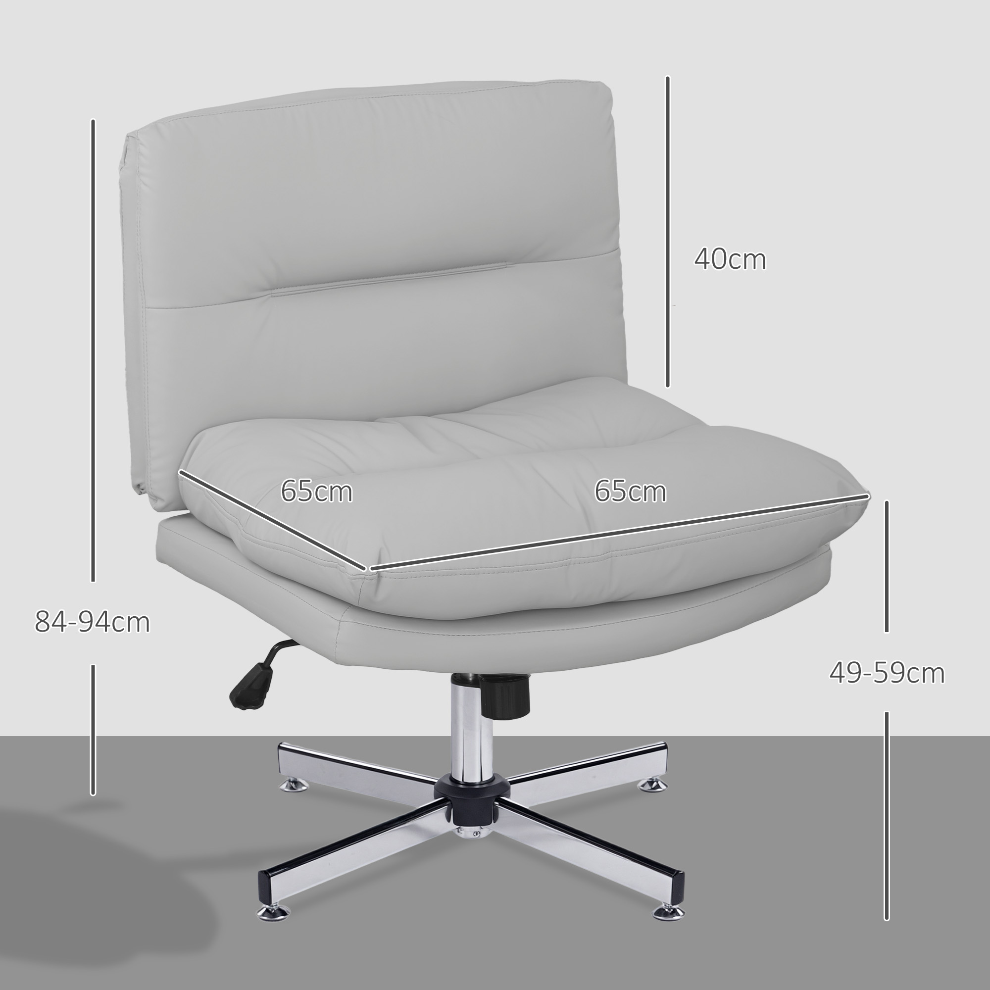 Silla de oficina gris con base cromada, dimensiones indicadas.