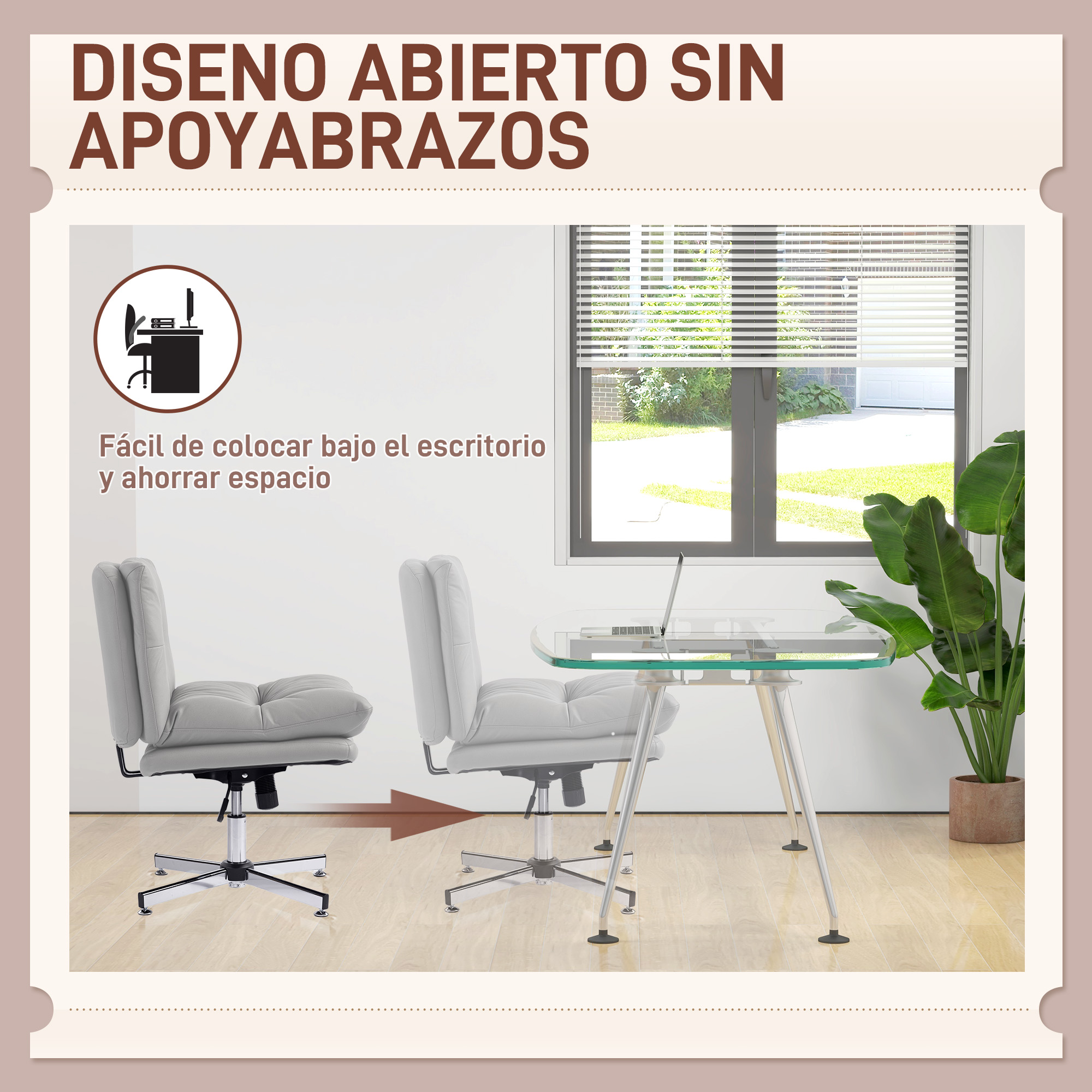 Una silla de oficina gris está frente a un escritorio de cristal con portátil. Se ve una segunda silla.