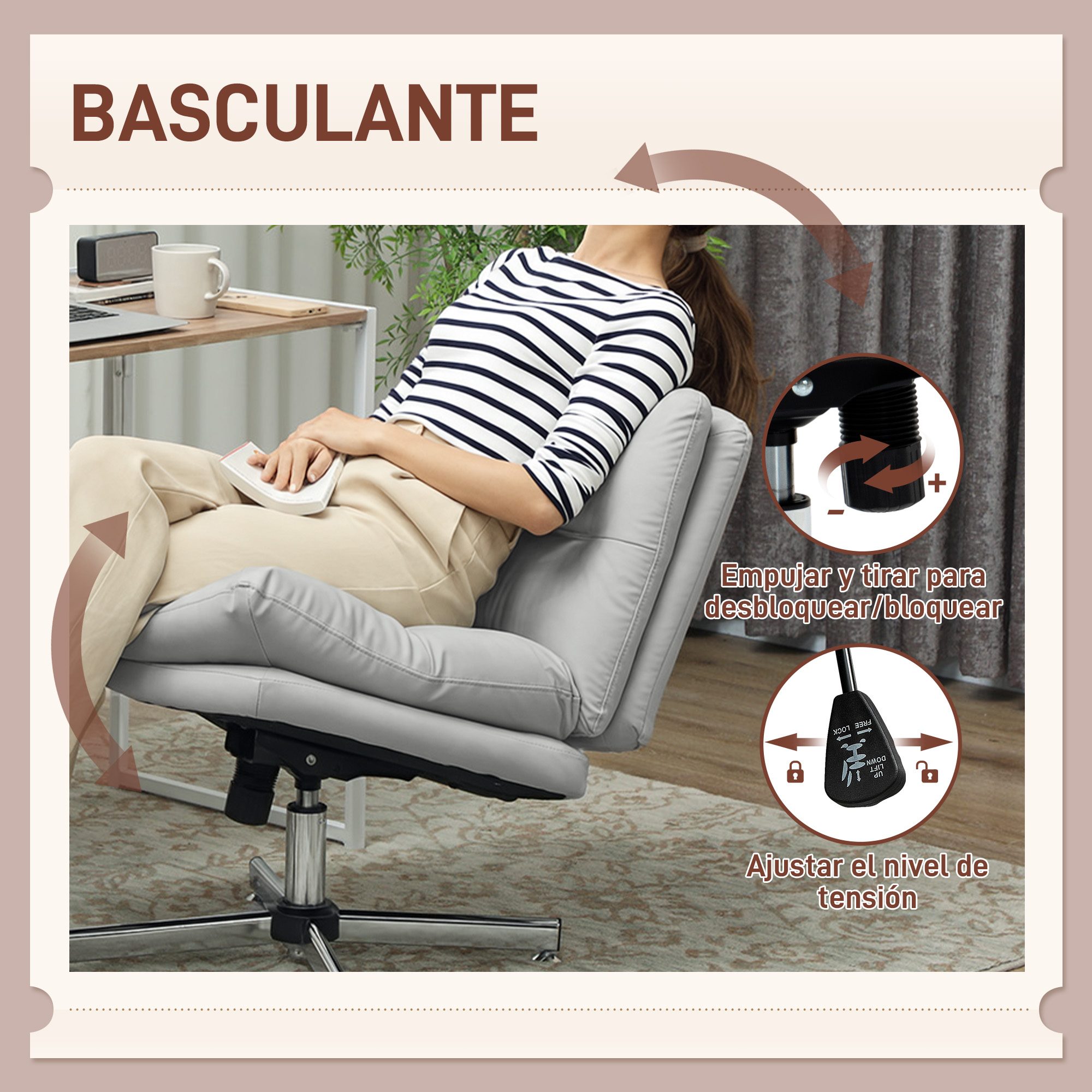 Mujer en camiseta a rayas sentada en silla de oficina gris; detalles mecánicos.
