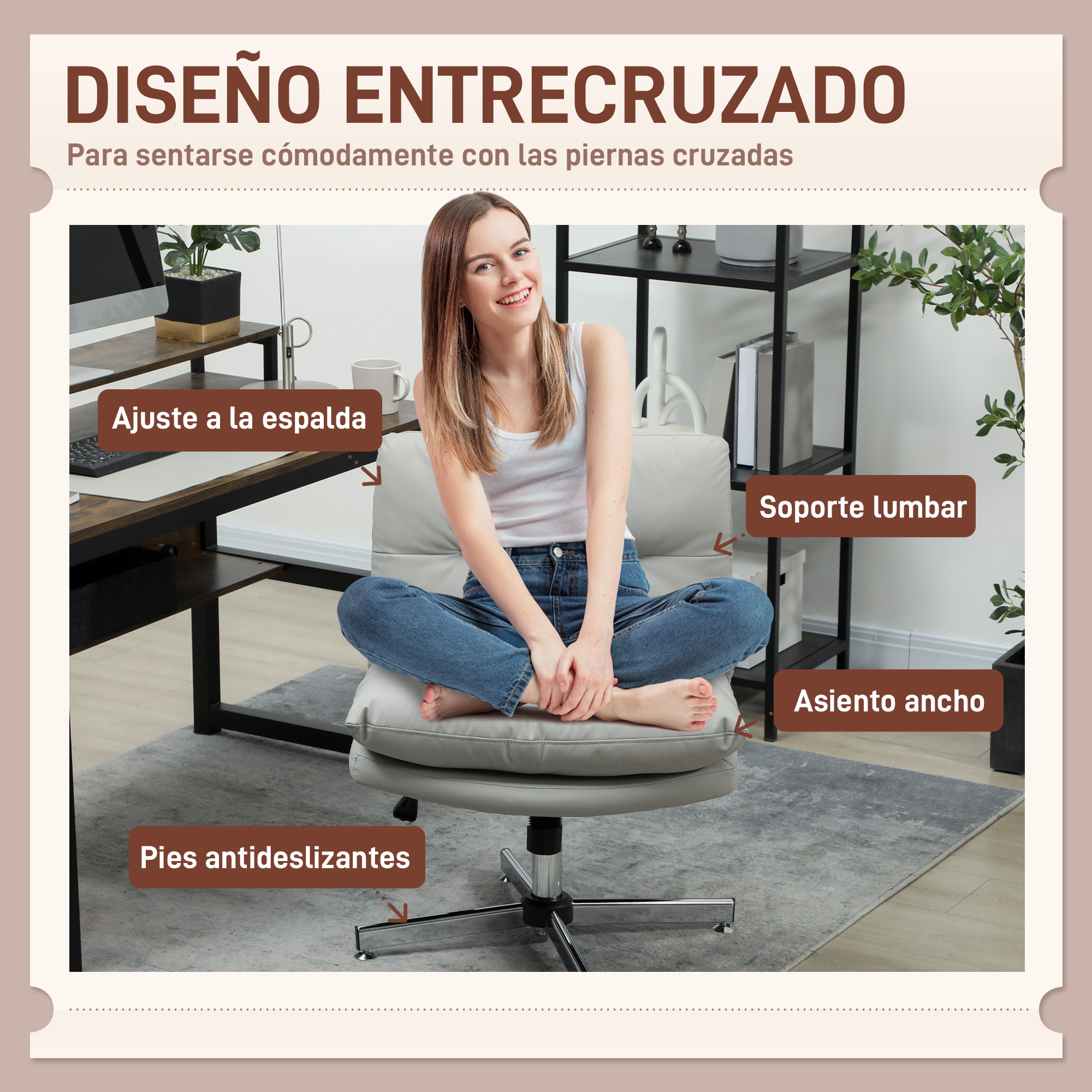 Una mujer sentada con piernas cruzadas en silla de oficina gris. Asiento ancho y soporte lumbar.