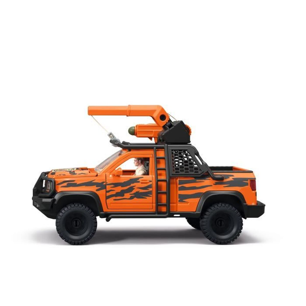 Ein orangefarbener Spielzeug-Pickup mit schwarzen Tigerstreifen und einem Kran.