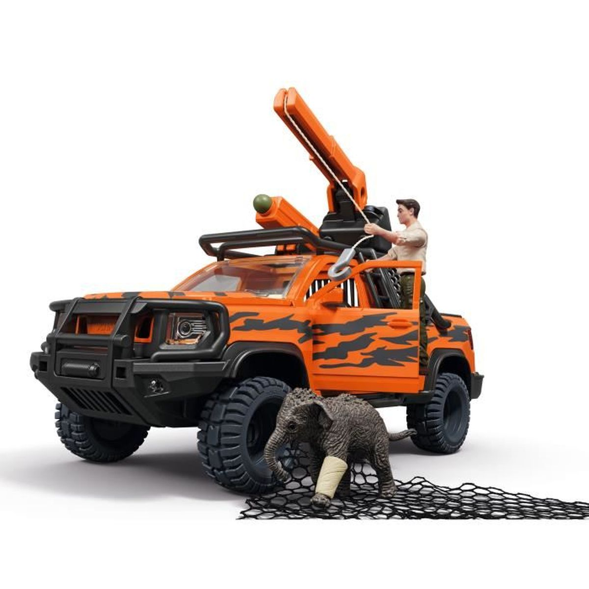 Ein orangefarbener Geländewagen mit Tigerstreifen, einem Kran und einer Figur.