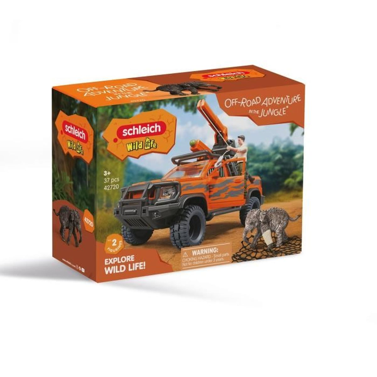 Schleich Off-Road-Fahrzeug-Spielzeug mit Elefantenfigur und Dschungel-Thema.