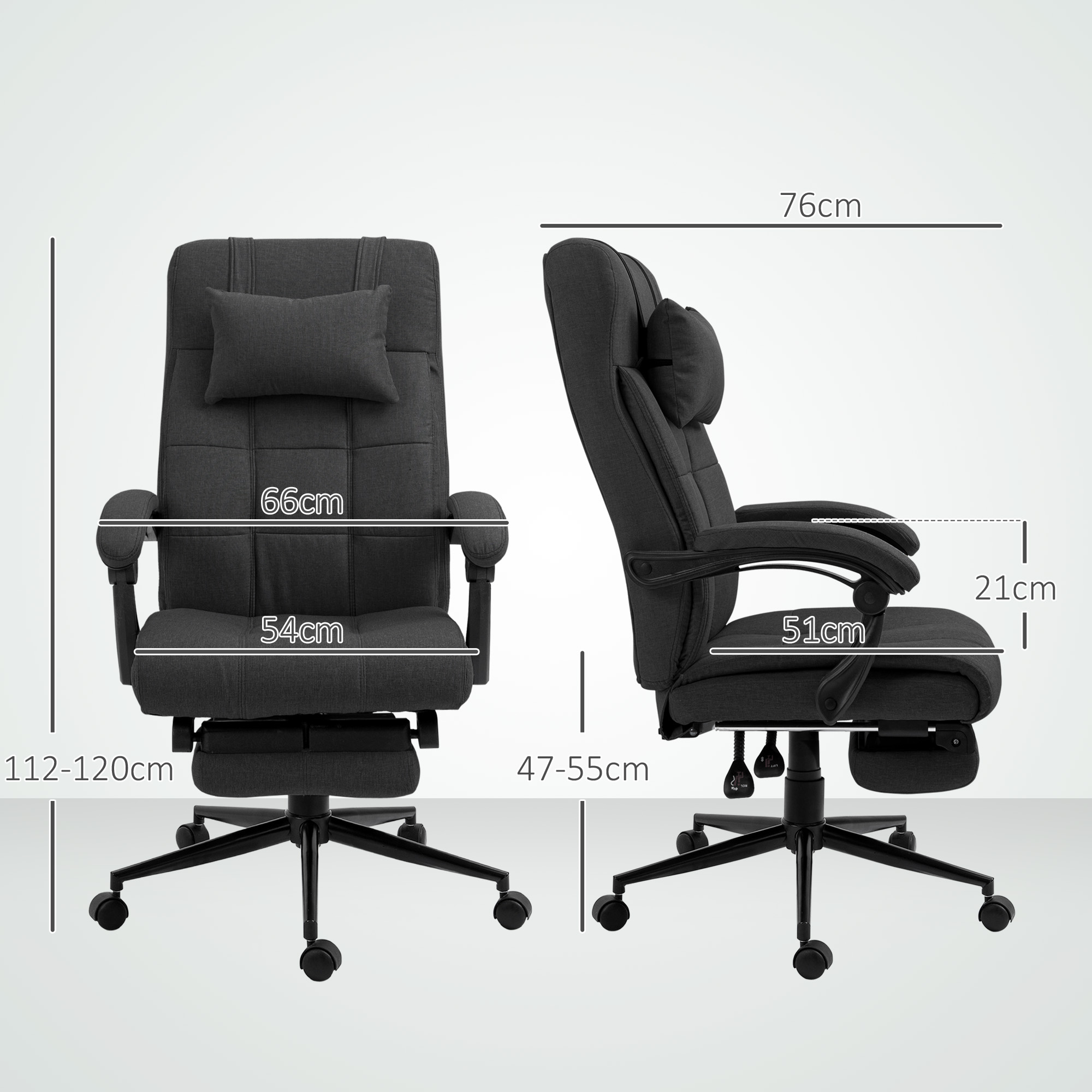 Silla de oficina gris con dimensiones ajustables y cojín cervical.