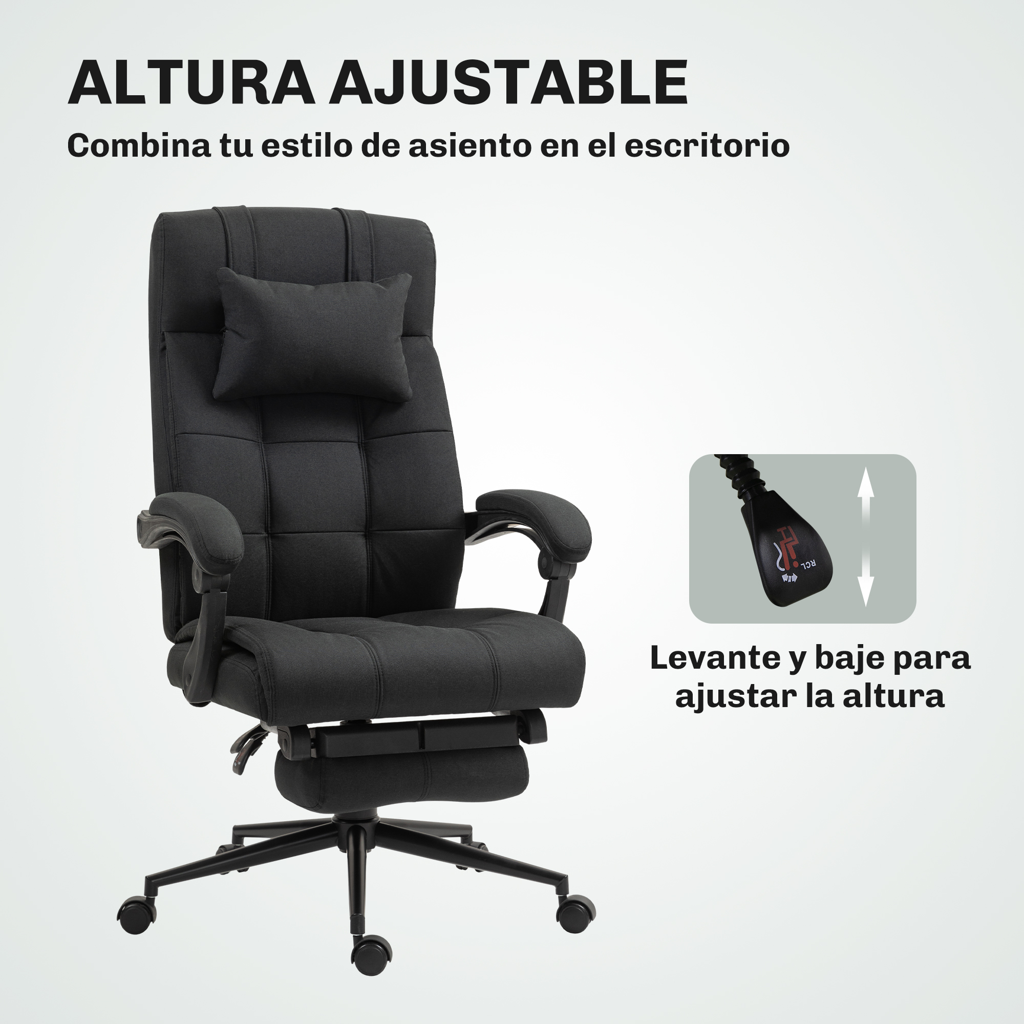 Silla de oficina negra con respaldo y reposapiés ajustables.