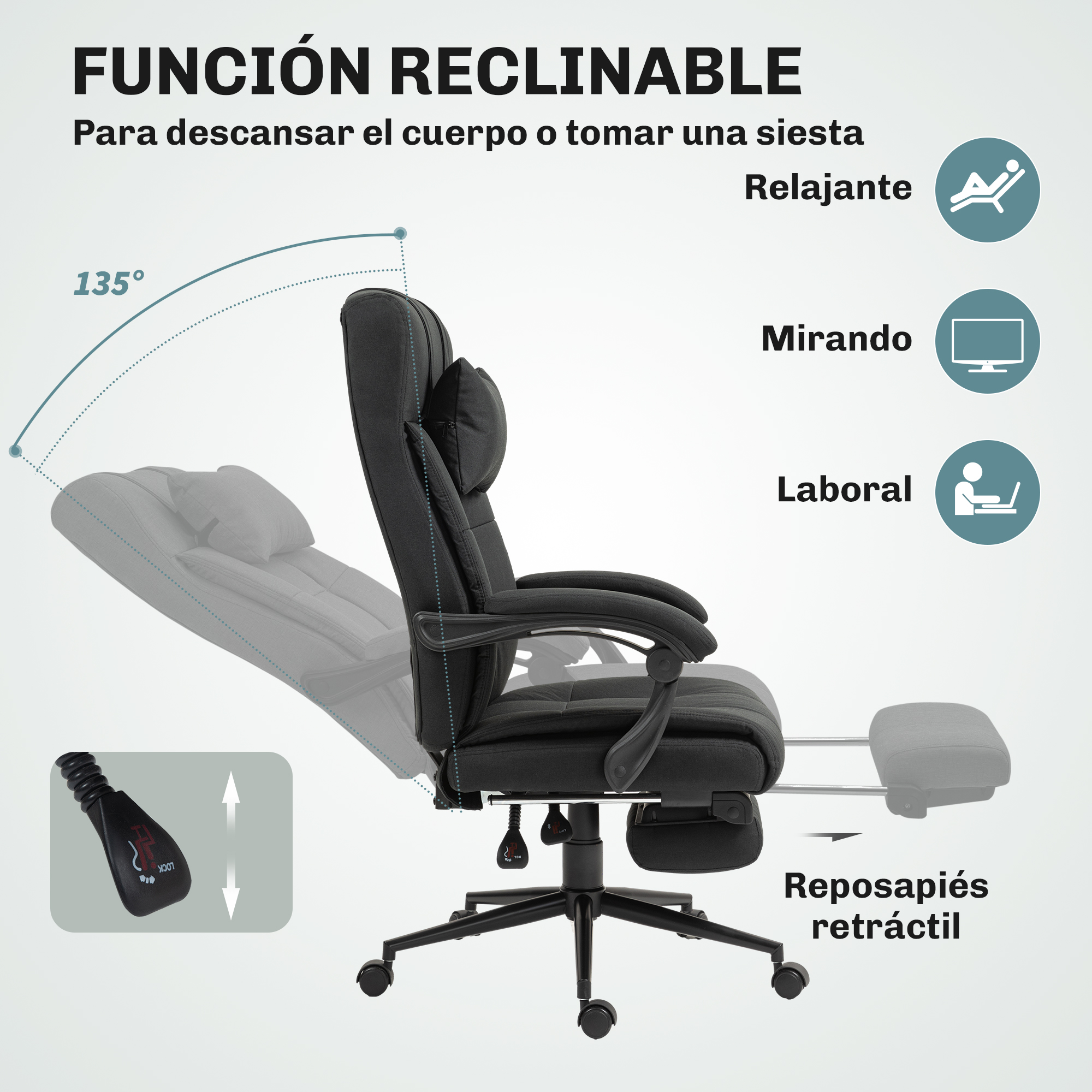 Silla de oficina negra con reposapiés retráctil y función reclinable.