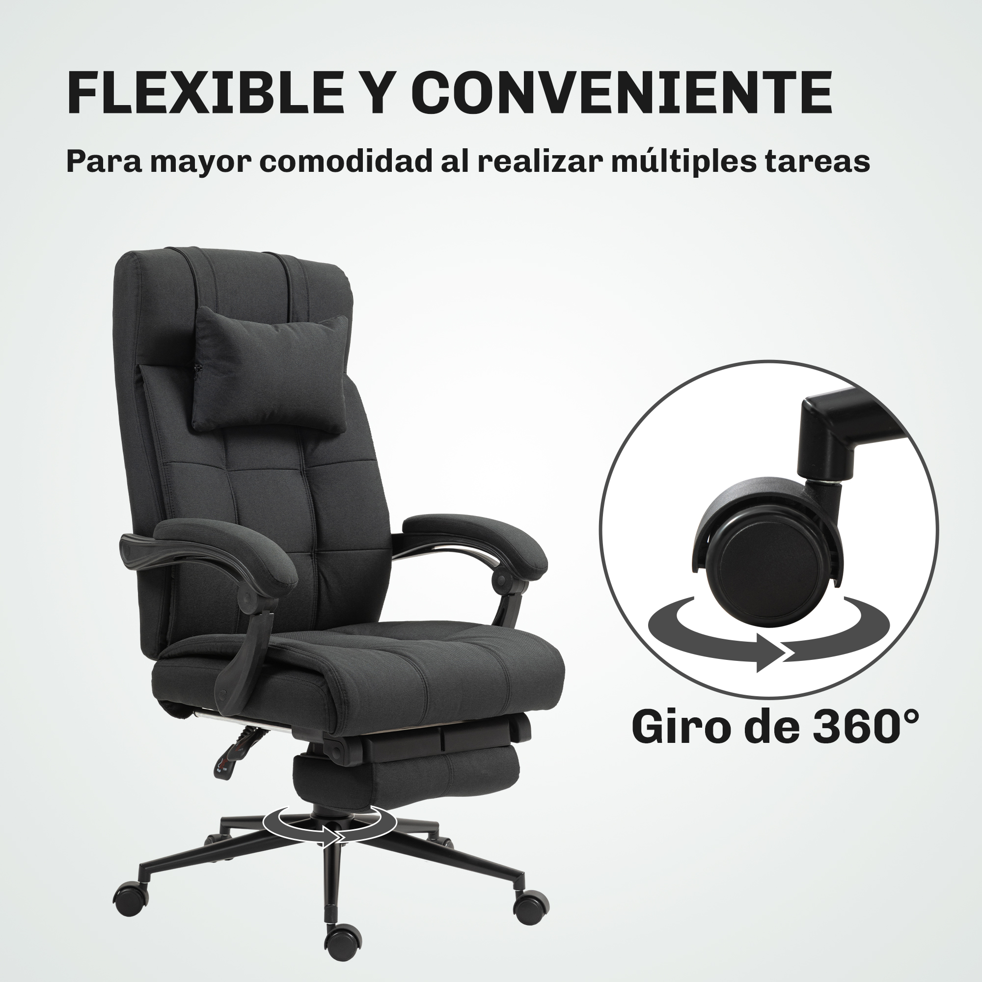 Silla de oficina negra con reposapiés, brazos ajustables y ruedas giratorias 360°.