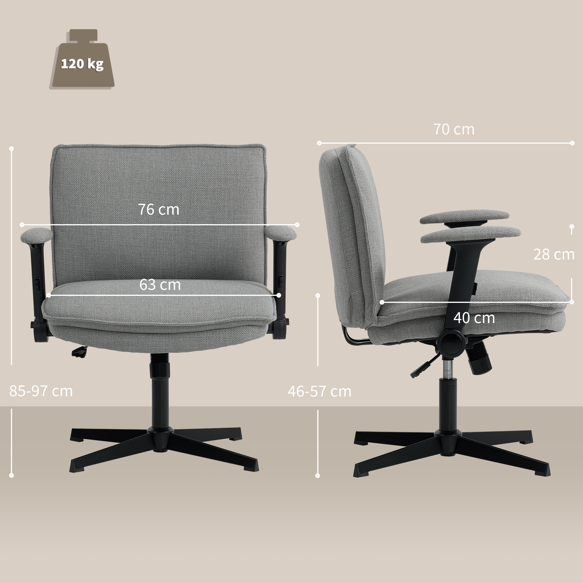 Silla de oficina gris con dimensiones: 76cm ancho, 63cm fondo asiento, 40cm altura asiento.