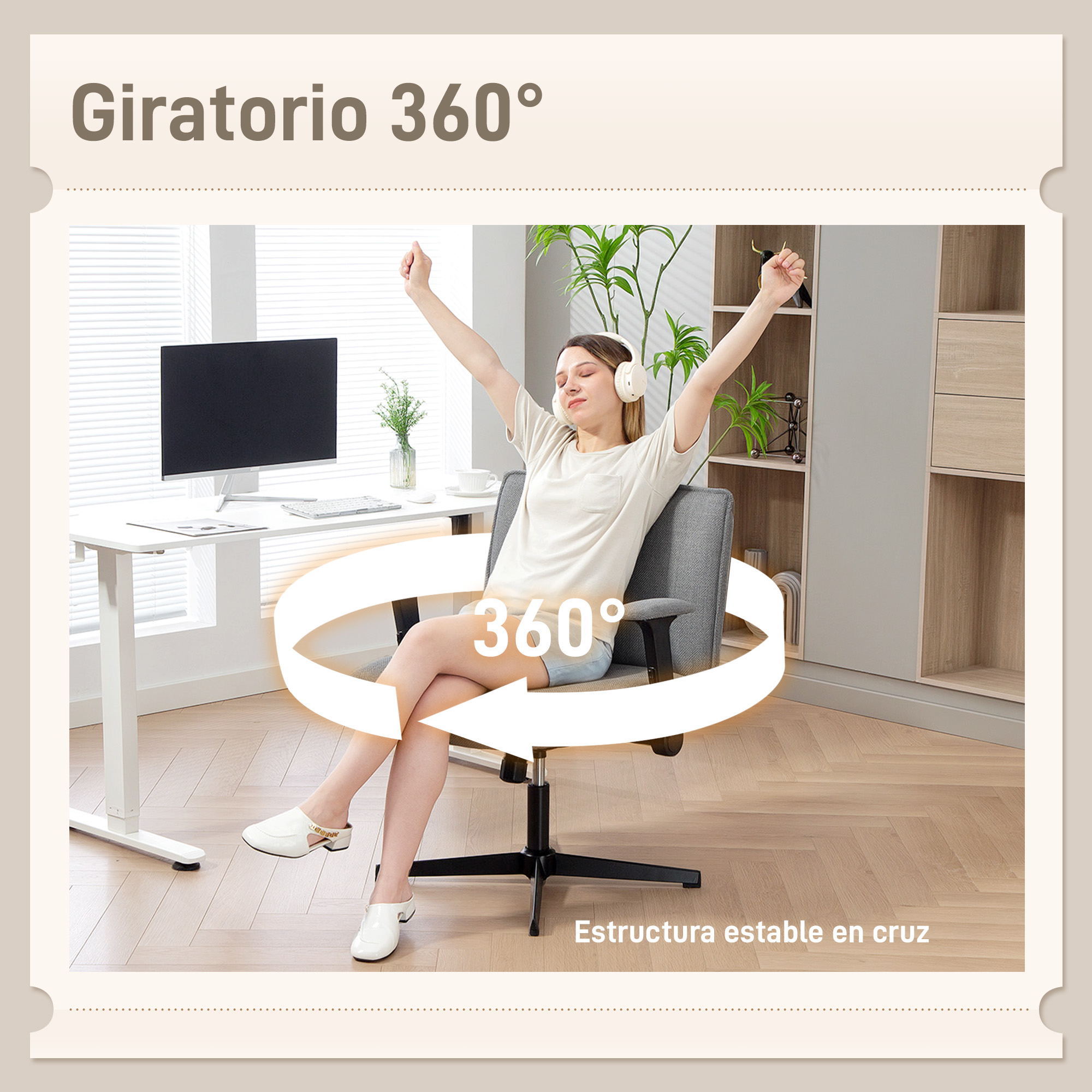 Mujer con auriculares en silla, brazos extendidos. Texto: Rotación 360°.
