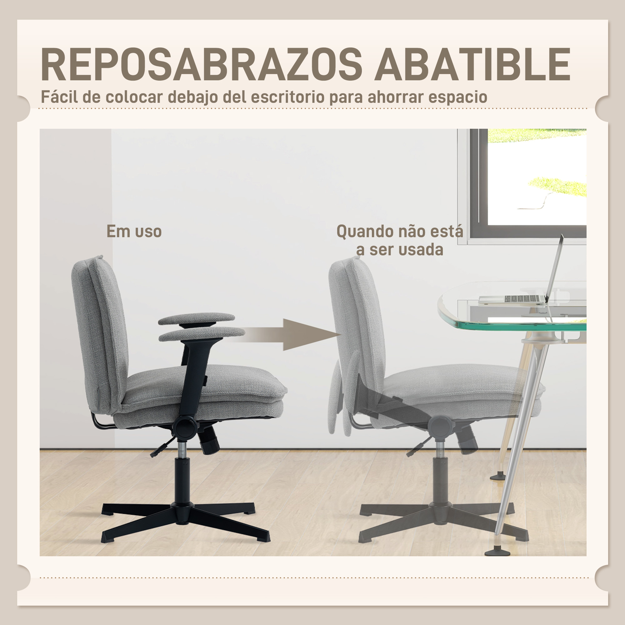 Silla de oficina gris en dos posiciones: en uso y guardada bajo un escritorio.