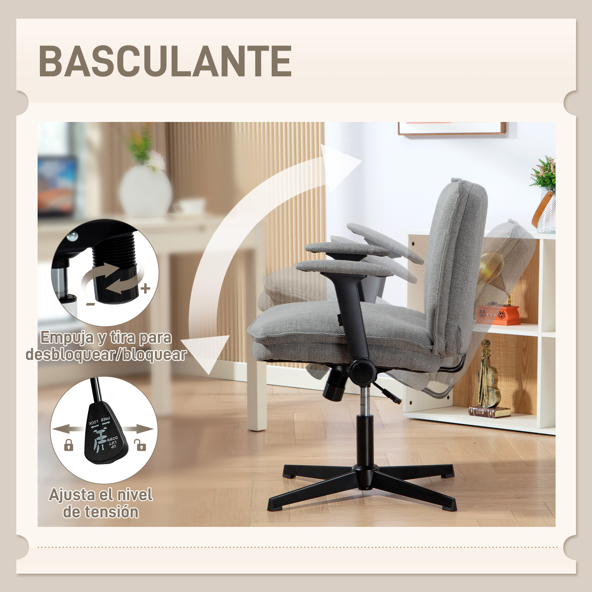 Silla de oficina gris con respaldo y altura del asiento ajustables.