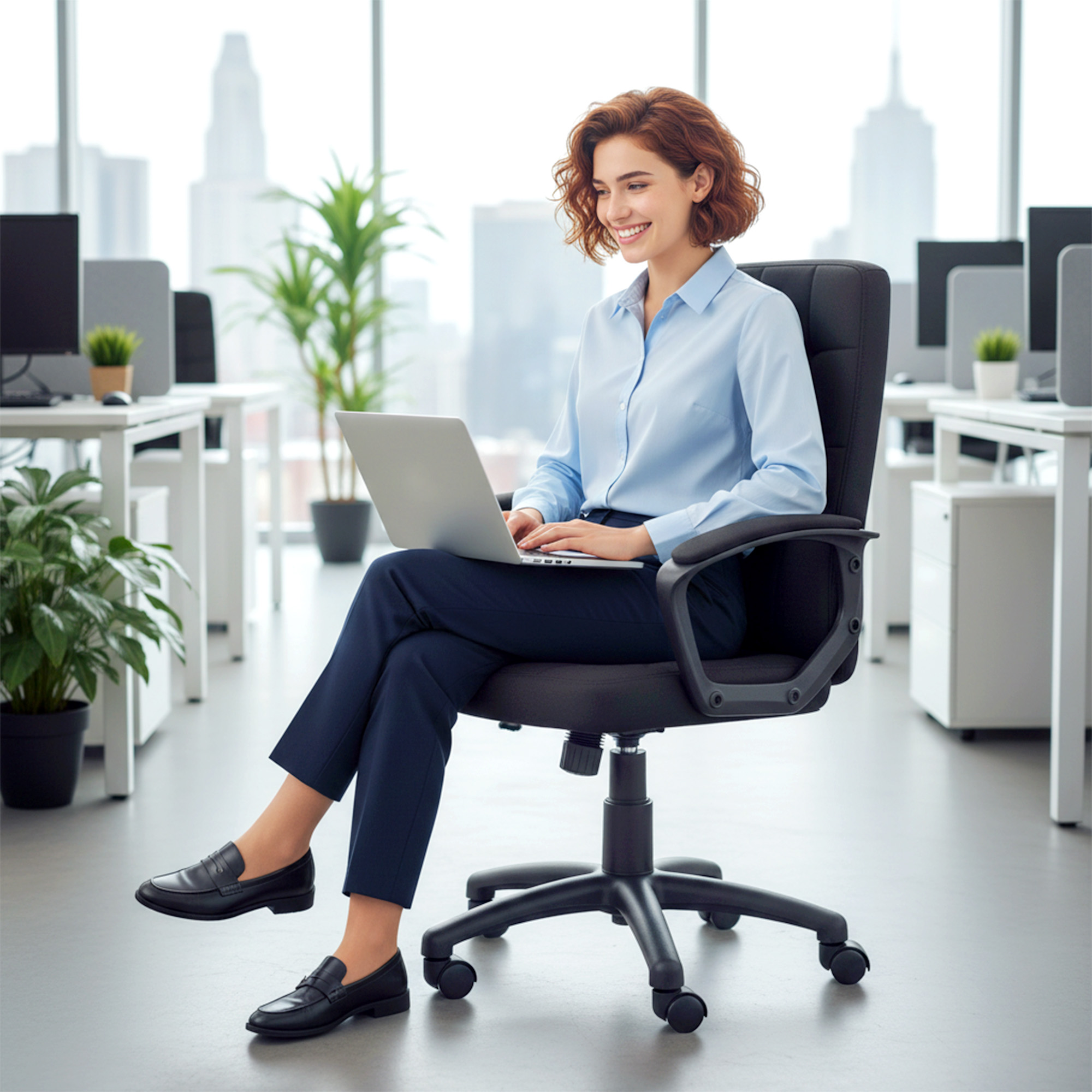 Una mujer pelirroja se sienta en una oficina trabajando en un portátil y sonriendo.