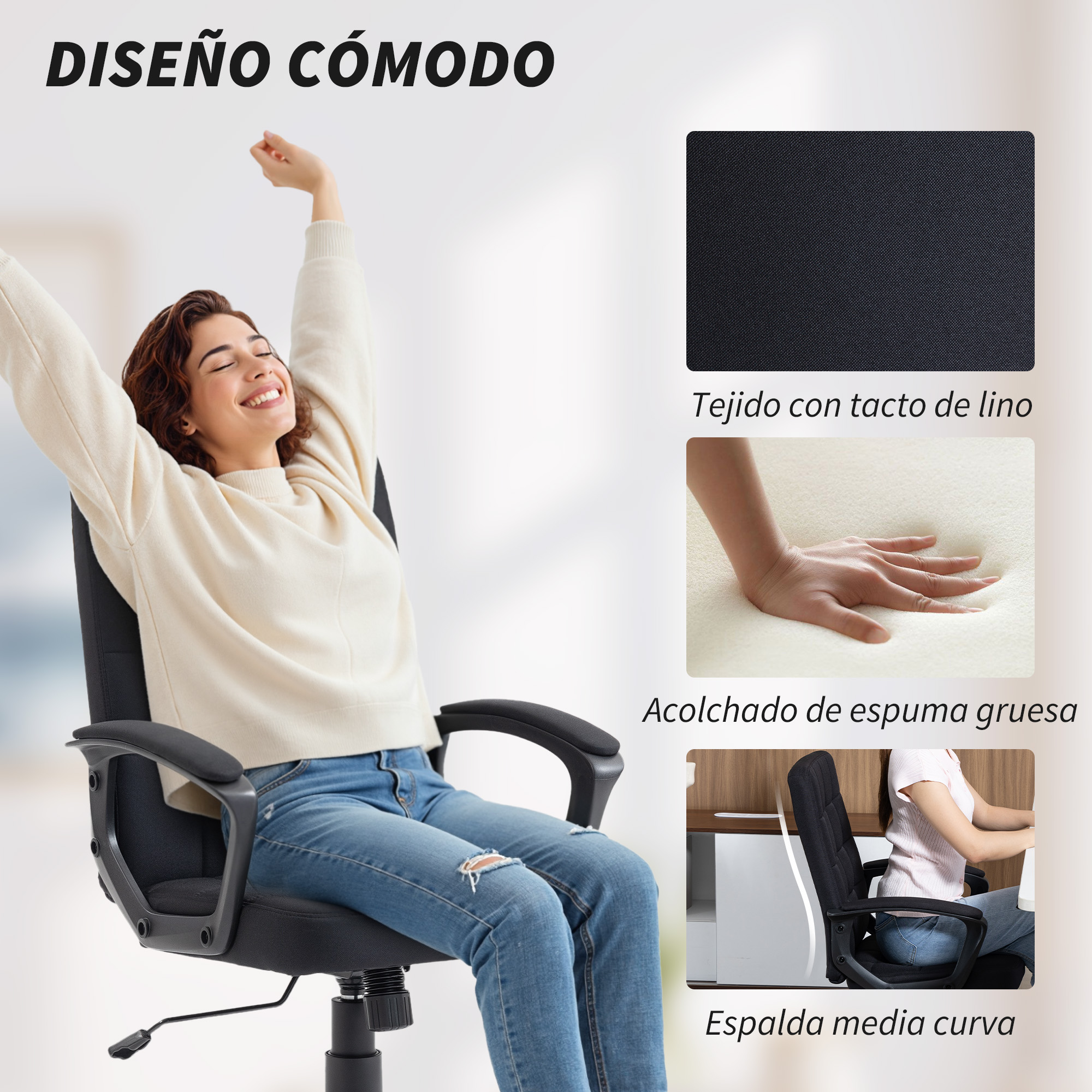 Mujer estirándose en silla de oficina negra con jeans. Primeros planos de tela y espuma.