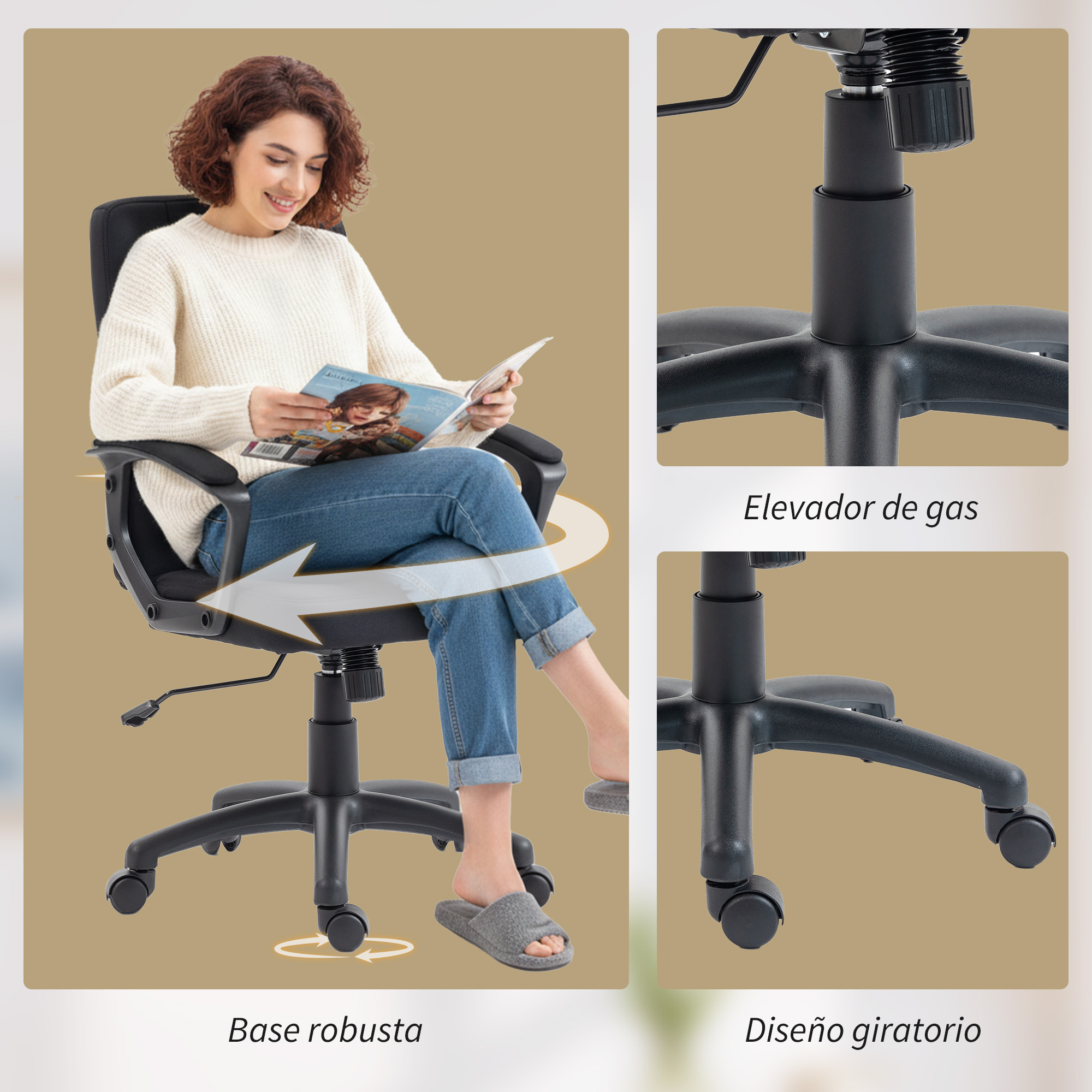 Mujer sentada leyendo una revista en una silla de oficina. Se muestran detalles de la silla.