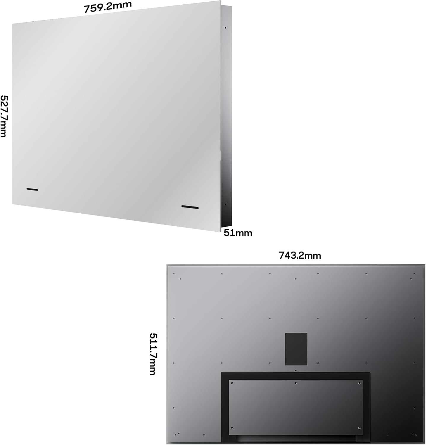 Espejo: 759,2x527,7mm, 51mm de profundidad. Parte trasera 743,2x511,7mm.