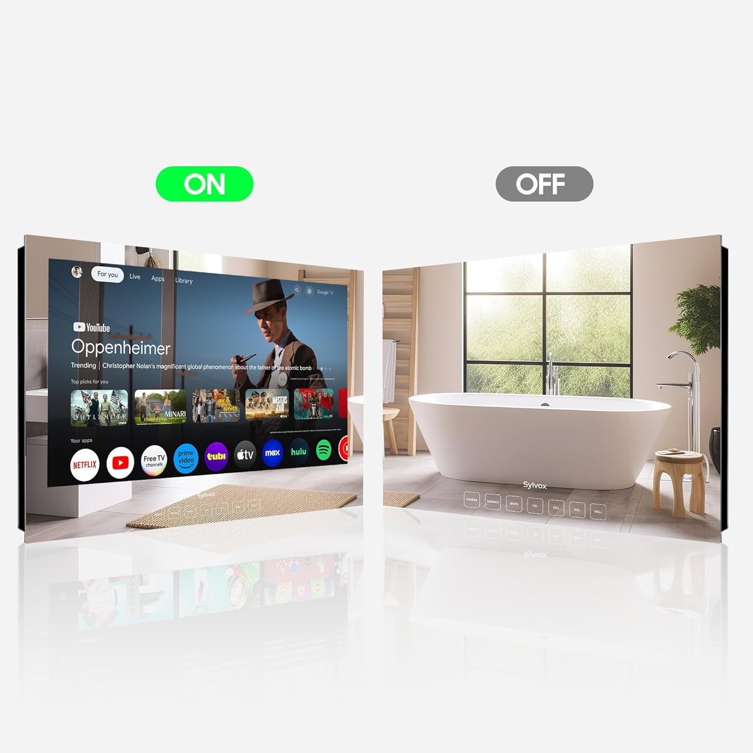 TV muestra película y bañera; indicadores ON/OFF.