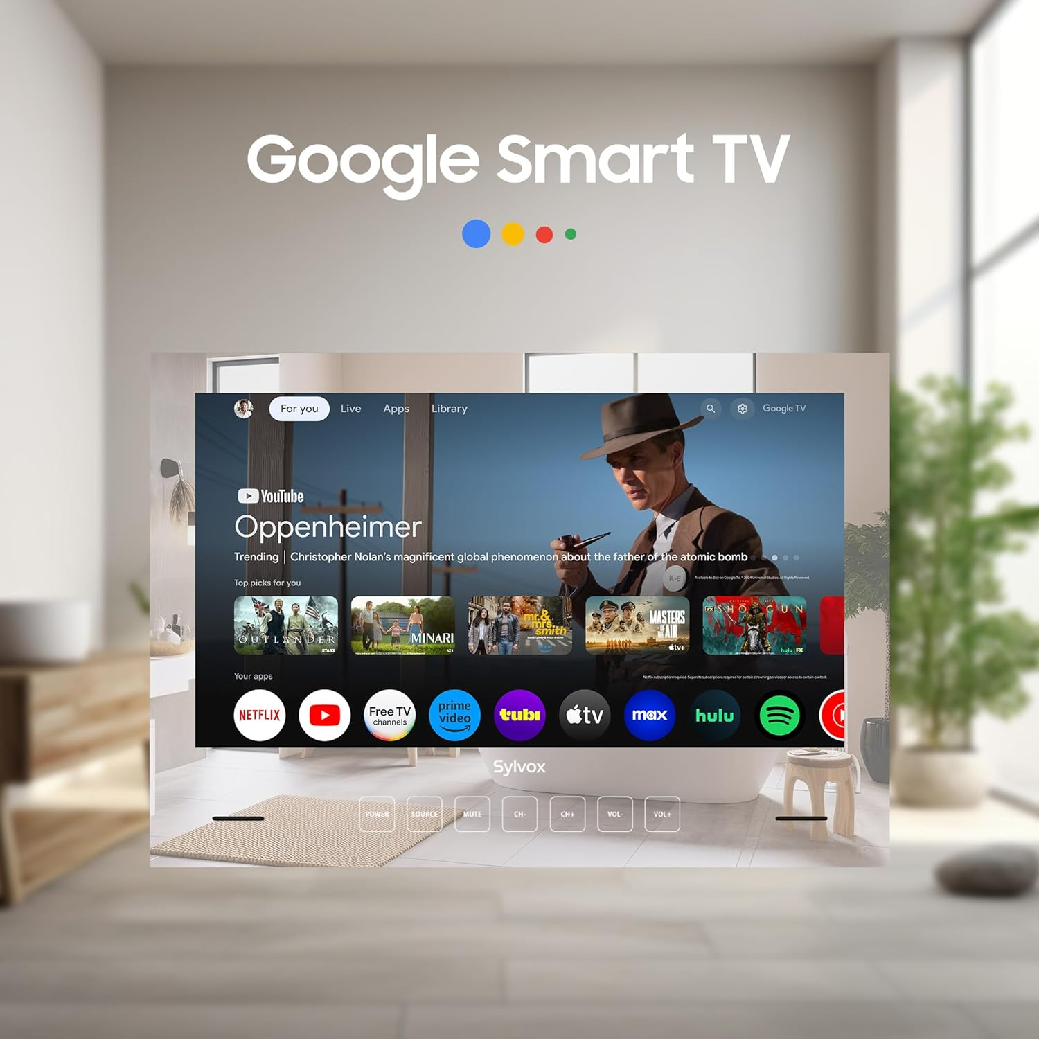 Una pantalla de Google Smart TV muestra su interfaz con aplicaciones y películas.