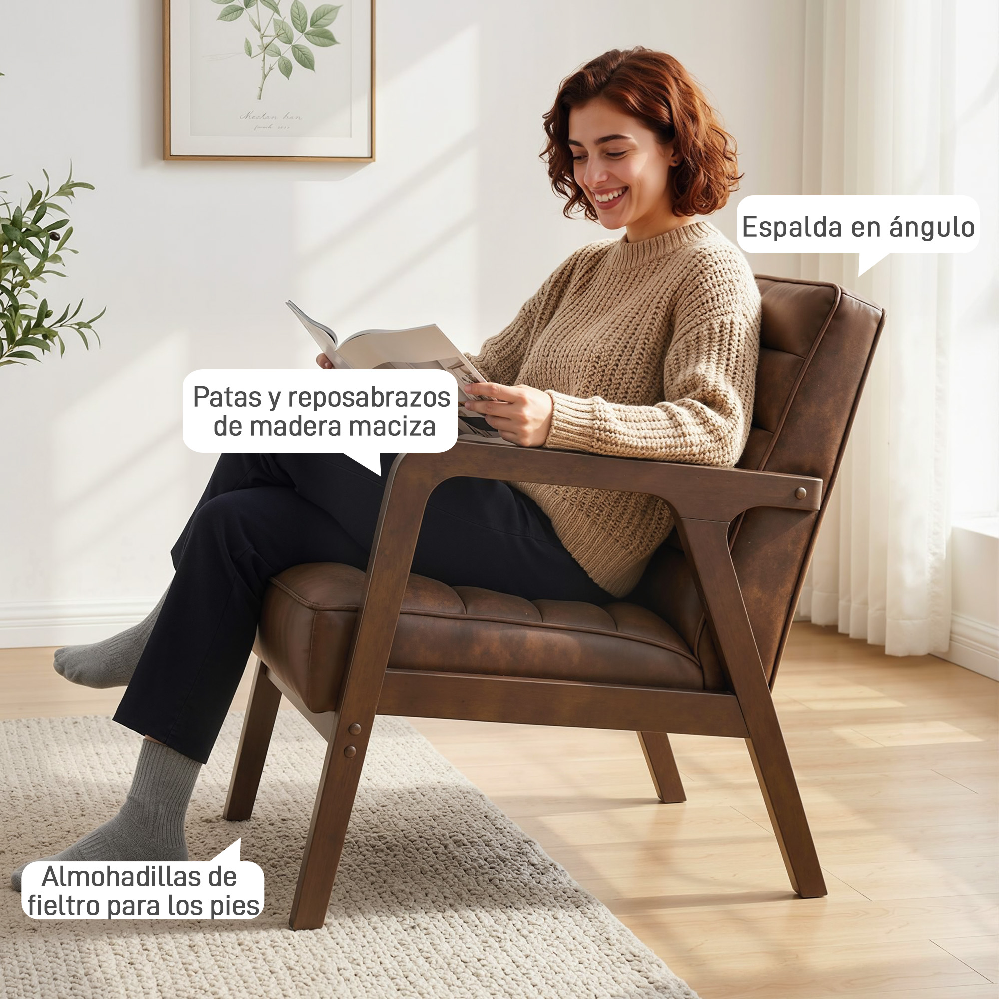 Una mujer sentada leyendo un libro en un sillón de cuero marrón.