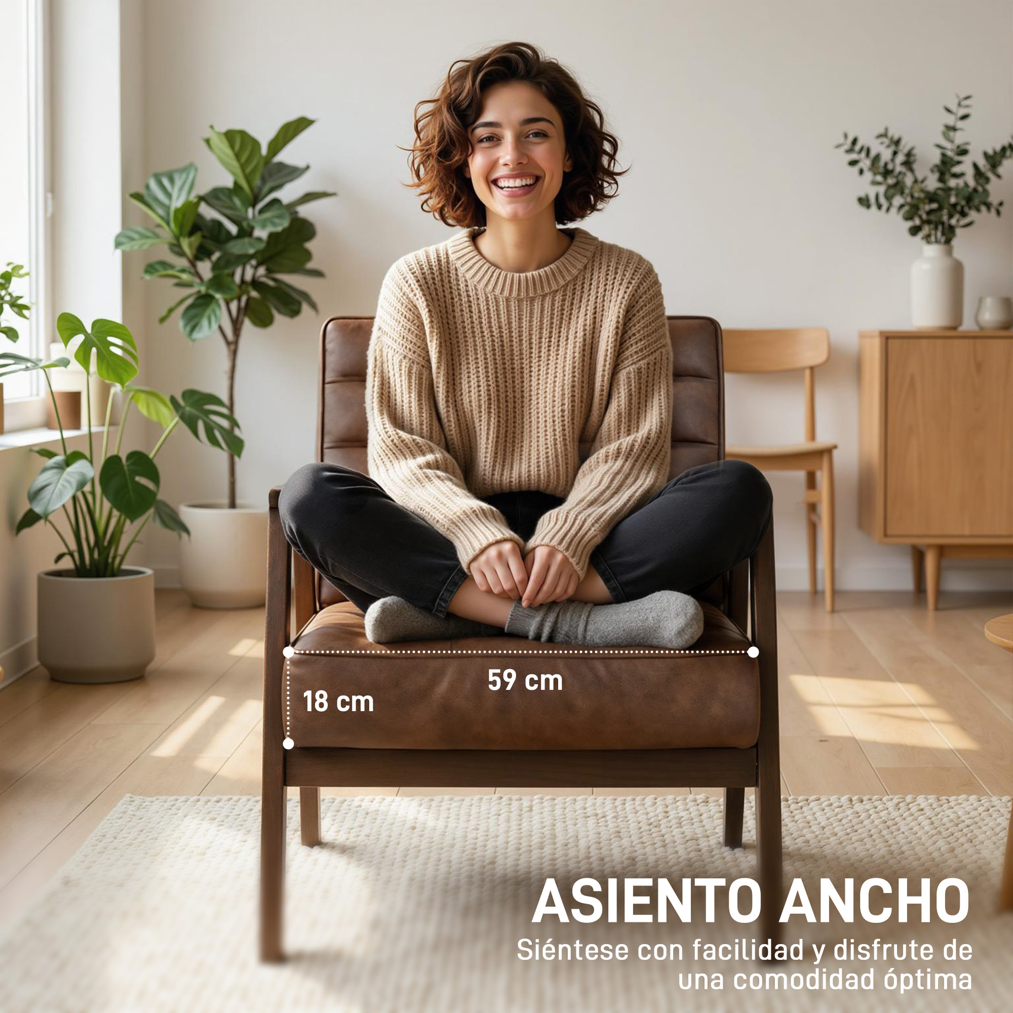 Una mujer sentada en un sillón marrón. Medidas: 18 cm, 59 cm.