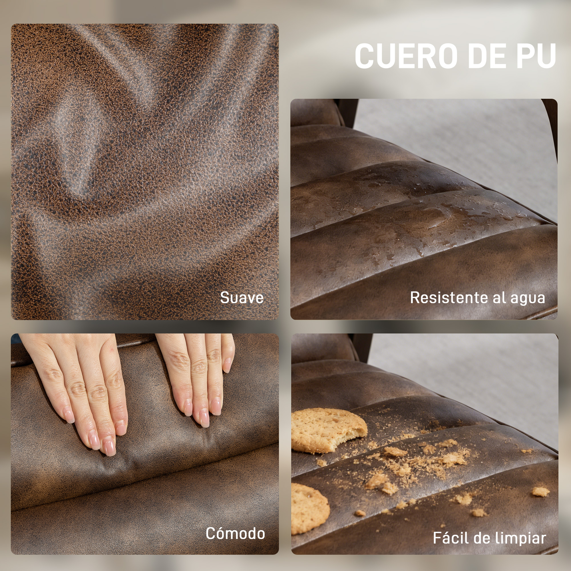 Cuero PU marrón muestra textura, manchas de agua, manos y migas.