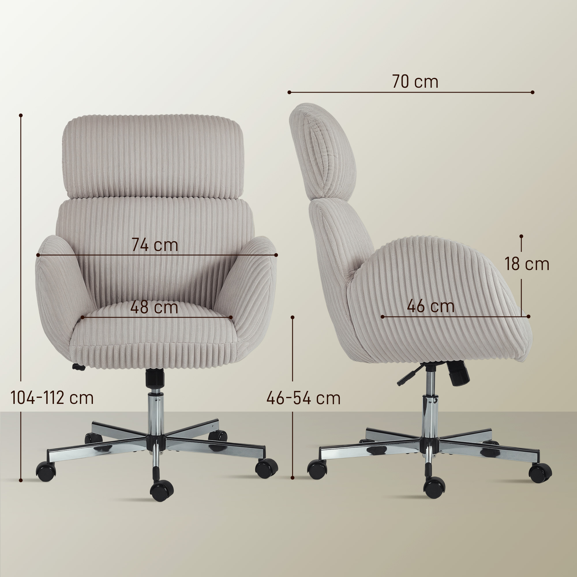 Silla de oficina de pana gris con dimensiones y ruedas.