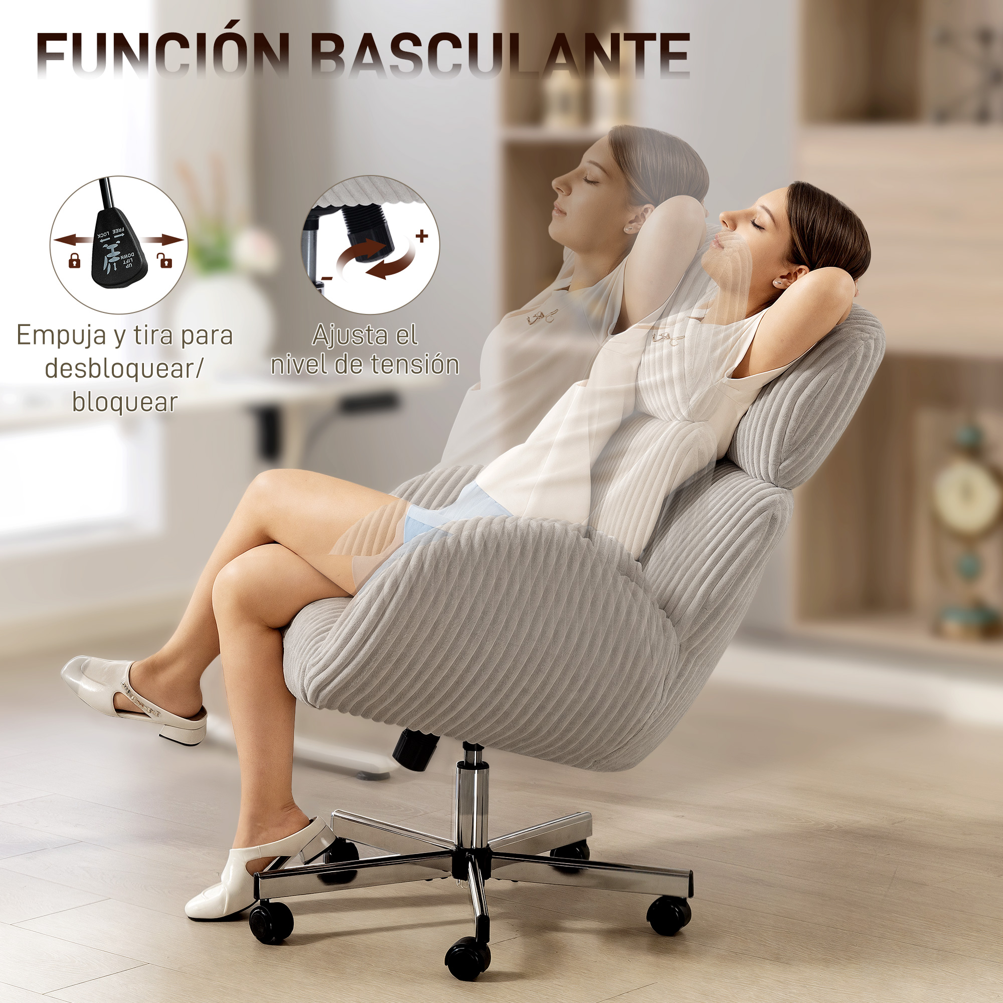 Mujer relajándose en silla gris con función de inclinación; reposabrazos ajustables.