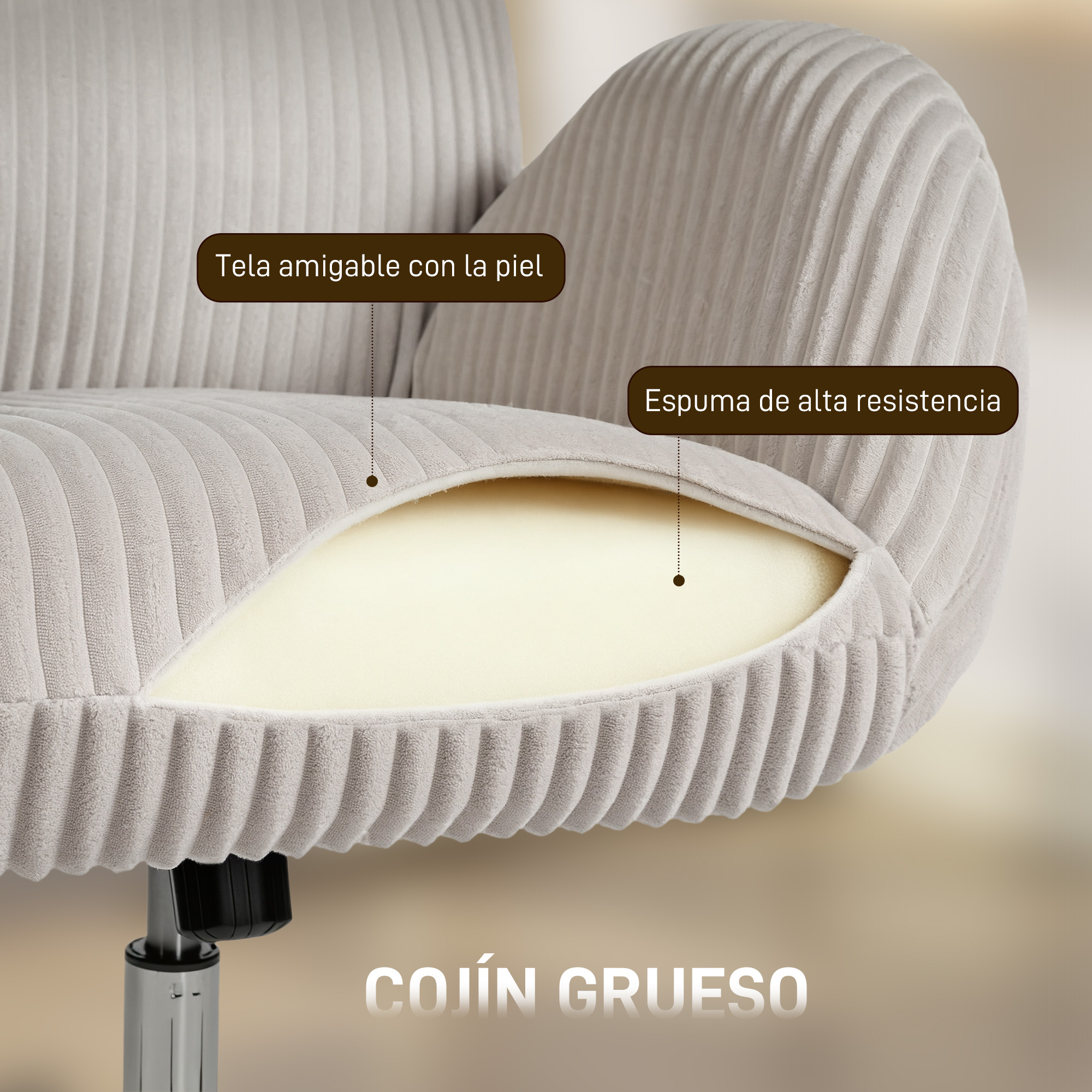 Silla de pana gris con cojín abierto que muestra espuma.